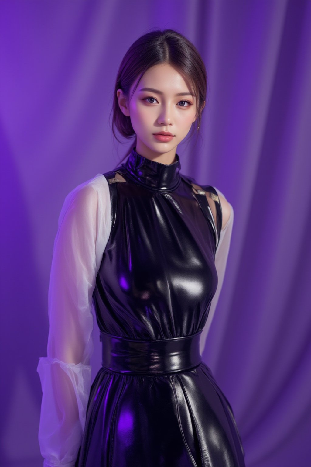 A high-end luxury fashion photoshoot featuring an elite model standing against a sleek purple background. The model showcases exquisite details, with a blend of black and white textures in her outfit, incorporating both gloss and matte elements. Her hairstyle is simple yet chic, embodying a refined and crisp look. The outfit highlights luxury designer brands, reminiscent of Karl Lagerfeld's iconic designs, combining elegance with avant-garde flair. The overall atmosphere is stylish, polished, and evokes a sense of high fashion, with intricate textures and striking contrasts.
