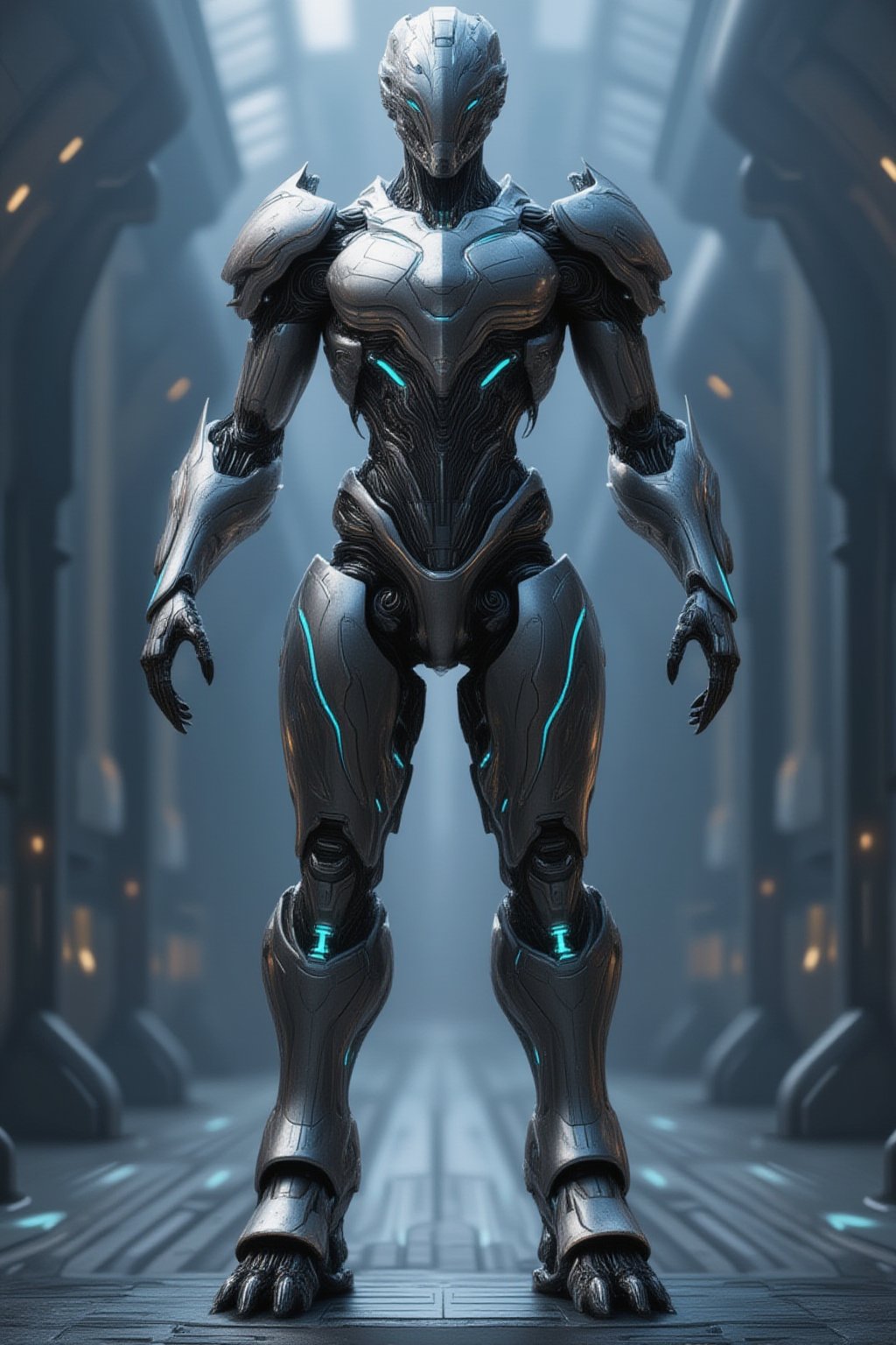 FuturEvoLabGiant, full body, solo, mecha, standing solo in a powerful pose. The design is sleek and advanced, with a combination of metallic armor plates and glowing energy conduits running through the suit. The mecha features intricate mechanical details, with reinforced limbs, glowing joints, and sharp angular components. The color scheme includes metallic silvers and grays, accented by vibrant neon blues or greens, emphasizing the futuristic and high-tech feel. The character stands confidently, exuding strength and agility, with the background softly blurred to focus entirely on the mecha’s impressive build. The overall design should evoke a sense of power, cutting-edge technology, and elegance, blending form and function seamlessly,