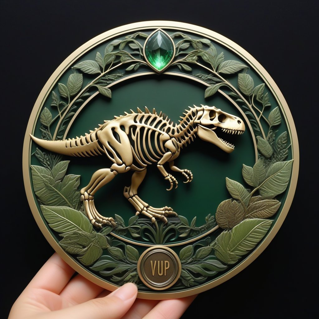 Score_9, Score_8_up, Score_7_up, Score_6_up, Score_5_up, Score_4_up, masterpiece, best quality,
BREAK
(FuturEvoLabBadge:1.5), Fresh green style badge,
BREAK
Dinosaur skeleton, Tyrannosaurus rex skeleton, Jurassic Park, 
BREAK
front view, intricate design, symmetrical pattern, surrounded by leaves, intricate details, natural elements, serene expression, soft lighting, green and earthy tones, botanical theme, ethereal atmosphere, modern and organic blend emblem, vibrant hues, black background, FuturEvoLabBadge, FuturEvoLabgirl