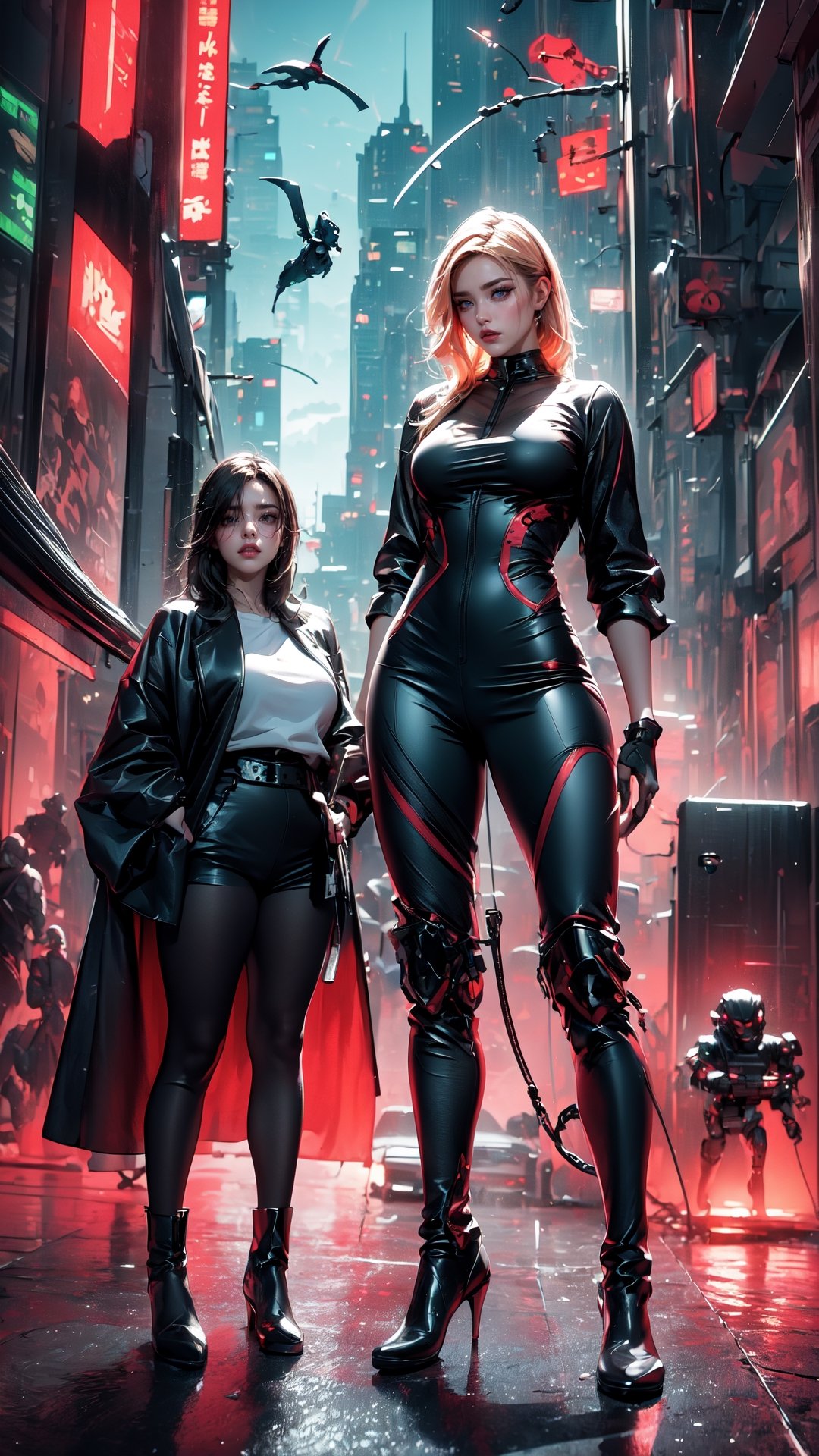 High detailed , 2 female standing side by side , uniform , muscled , futuristic ,fantasy00d,vamptech , red moon , city ,Cyberpunk,robotic body,Matrix