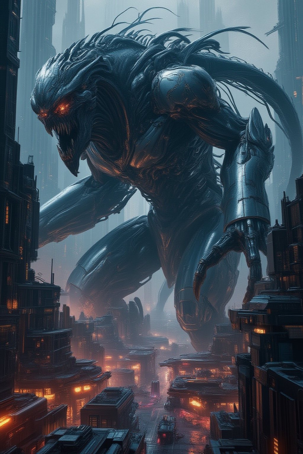 A gigantic alien monster towering over a futuristic city, its massive form covered in bioluminescent armor-like skin, with glowing eyes and sharp claws. The creature’s limbs stretch across skyscrapers, smashing through buildings as its tail whips through the city. The futuristic city beneath is filled with towering, neon-lit skyscrapers, flying vehicles, and advanced technology, all thrown into chaos as the alien monster rampages,FuturEvoLabGiant,FuturEvoLabMecha,FuturEvoLabArmor