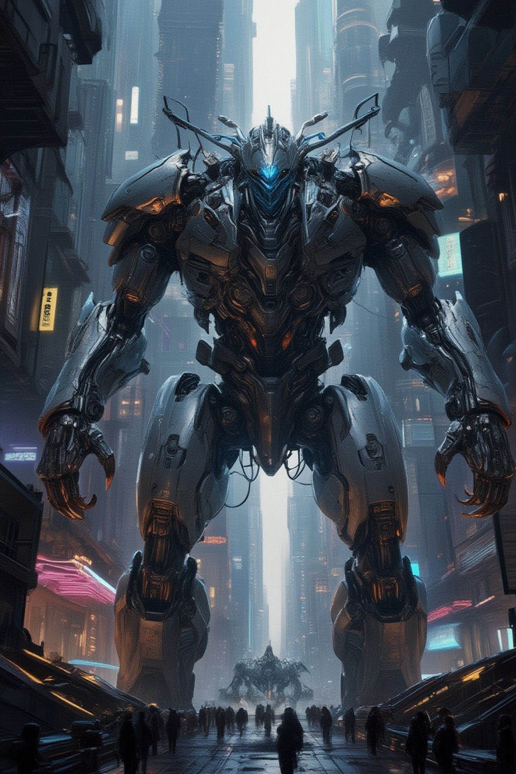 A futuristic cyberpunk warrior robot, massive in size, with a towering presence that dwarfs human figures. The cityscape behind it is a labyrinth of neon-lit skyscrapers and holographic advertisements, with humans scurrying about like ants in comparison. The robot's mechanical limbs and glowing blue optics seem to pierce through the smog-filled air as it stands victorious amidst the urban chaos.,FuturEvoLabNinja,FuturEvoLabMecha,FuturEvoLabGiant