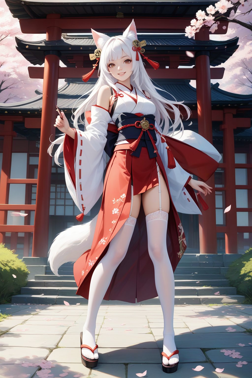 score_9, score_8_up, score_7_up, masterpiece, best quality, realistic, 
BREAK
full body, 1girl, action of prayer, animal fox ears, red eyes, long pure white hair, Miko attire, red skirt, garter straps, White stockings, geta sandals, hair ornament,  Japanese shrine, indoor, cherry blossoms, FuturEvoLabgirl