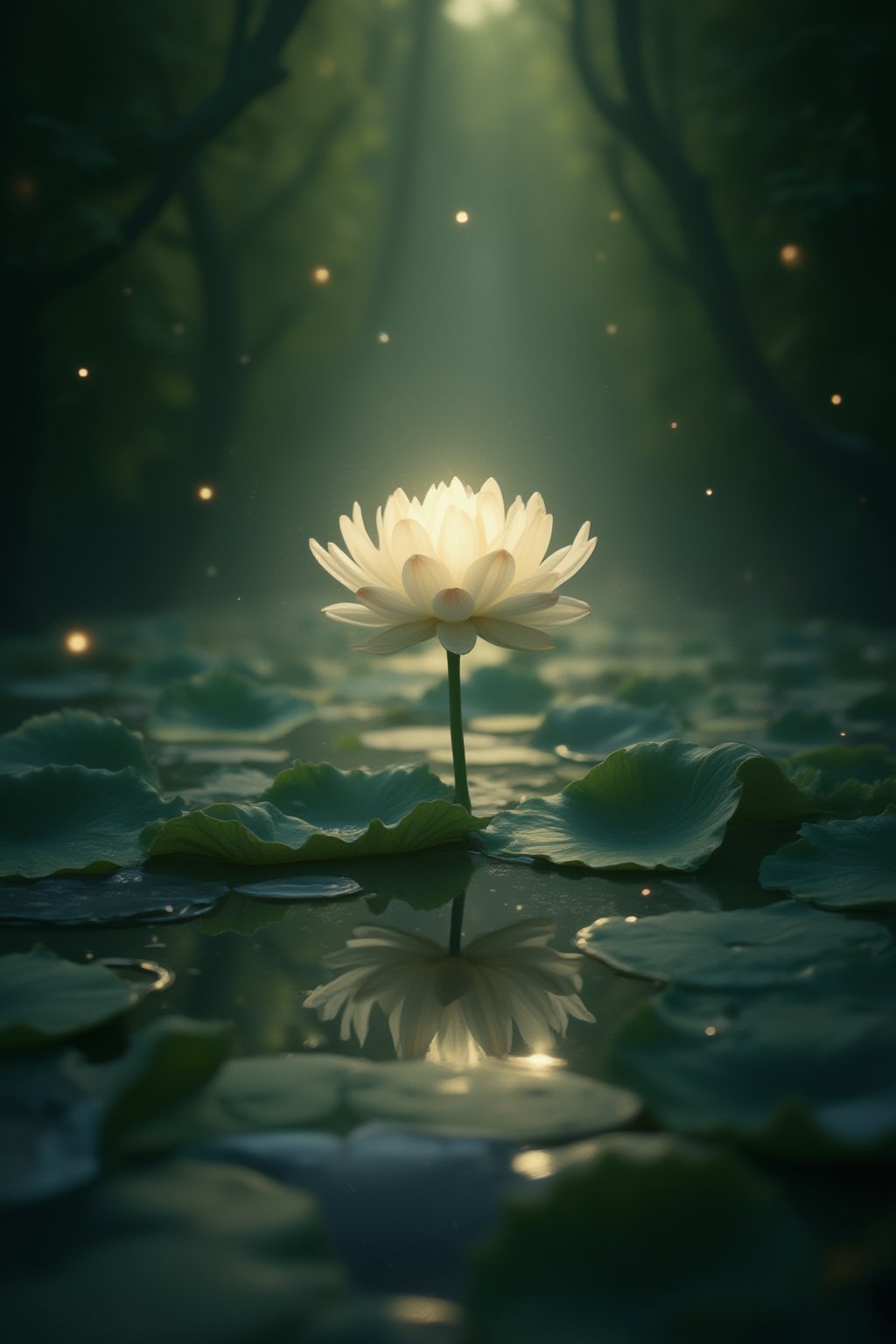 Capture the serene atmosphere of a tranquil pond, where a stunning lotus flower blooms amidst a tapestry of delicate green leaves. Softly glowing, the lotus's petals refract divine light, casting an ethereal aura across the surrounding water. The sun's gentle warmth illuminates the scene, with subtle ripples on the surface of the pond, as if the heavens themselves are reflected in its serene beauty.,FuturEvoLabElegant,FuturEvoLabScene