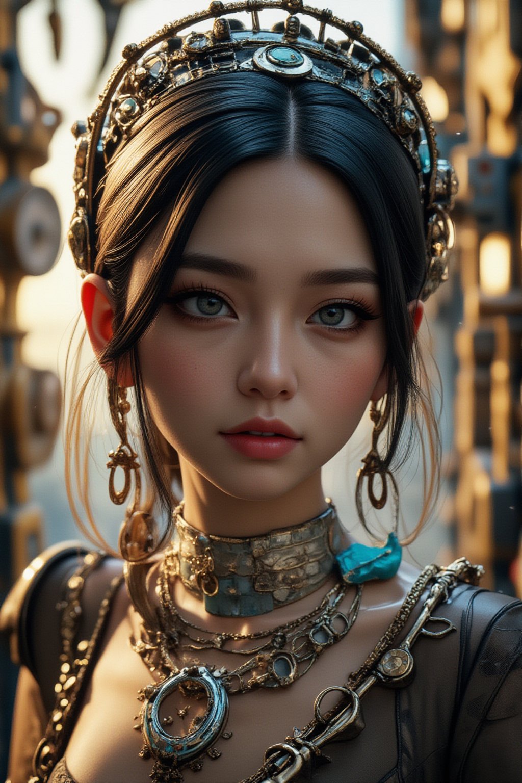 (best quality), (realistic, photo-realistic:1.3), (masterpiece:1.3), CG, unity, 8k, amazing, finely detail, ultra-detailed, highres, absurdres, ((ultra-detailed)), ((highly detailed CG illustration)), ((an extremely delicate and beautiful)), (cute delicate face), cinematic light, cinematic compotision, best shadow, extremely detailed eyes and face, beautiful detailed nose, beautiful detailed hand, beautiful detailed eyes. Extreme full body portrait  A stunning young woman, showcasing delicate facial expressions amidst intricate mechanisms glinting with warm golden light of sunset. Teal and silver accents adorn her robotic body, precision and beauty emanating from porcelain-like skin. Her dress, adorned with tiny clocks, flows down to chain-encrusted shoes shaped like sundials, surrounded by cityscape of gears and girders. Timepieces float around her, suspended in mid-air, adding dreamlike atmosphere to steampunk metropolis.,FuturEvoLabElegant