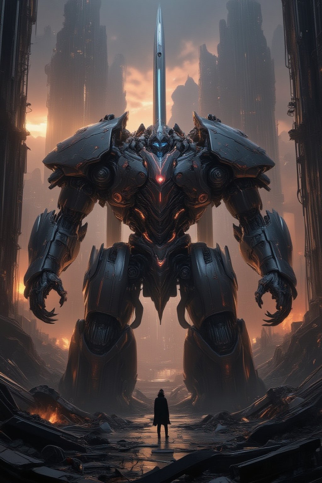 A futuristic mecha giant stands proudly in a desolate cityscape at sunset, its metallic body glowing with an otherworldly aura. The massive robot's arms stretch wide, holding aloft a gleaming sword, as it gazes out upon the ruins of civilization. Smoke and flames dance in the background, while neon lights flicker to life on the mecha's chest, casting an eerie glow over the devastation.,FuturEvoLabArmor,FuturEvoLabMecha,FuturEvoLabGiant