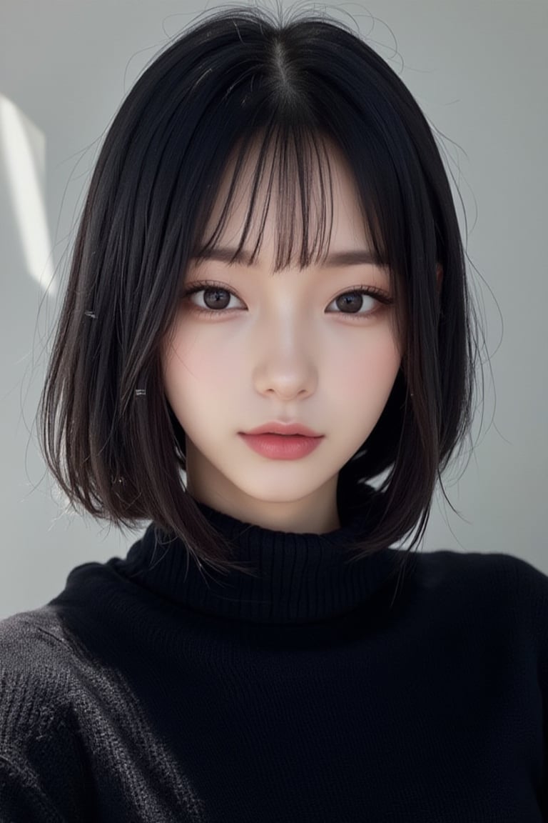 Create a photorealistic portrait of a pure and innocent 32-year-old Japanese woman with a black bob haircut. She is wearing a black turtleneck sweater that highlights her facial features and expression, emphasizing her cuteness and innocence. The lighting should be soft and natural, with a close-up composition that focuses on her kind demeanor. The photo should have a high resolution, using a soft focus lens to capture the texture and details of the sweater, while maintaining a minimalist approach without background distractions, FuturEvoLabArmor, 