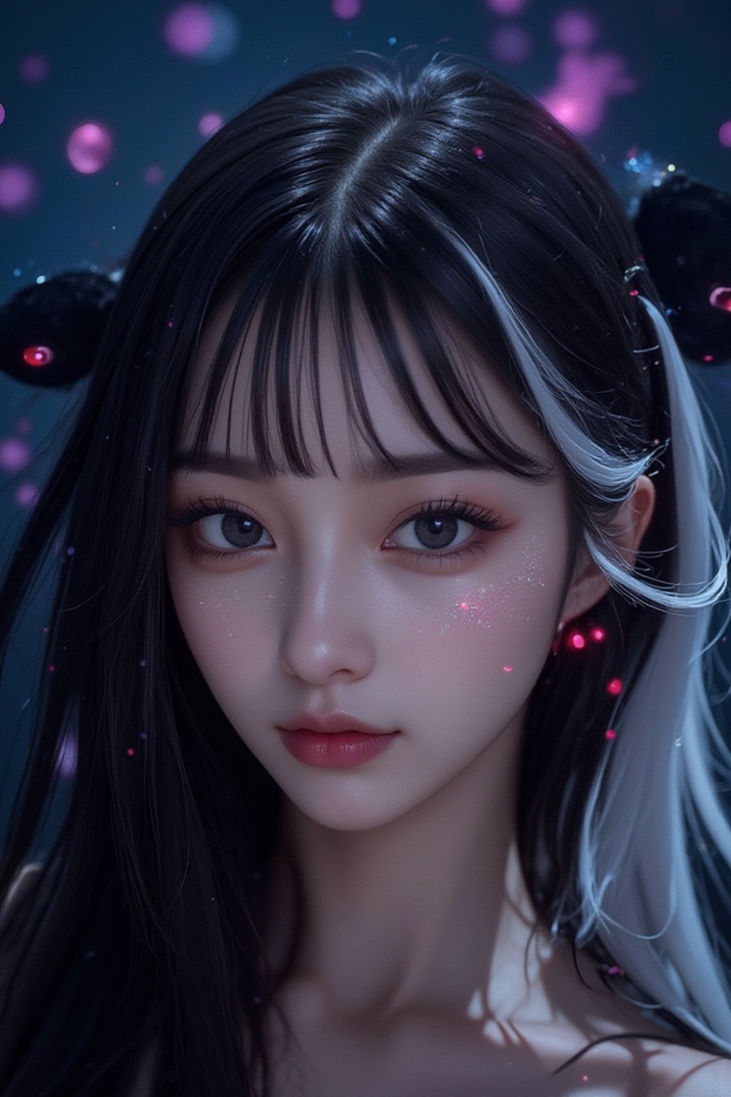 Portrait style, realism, hyper realistic, photography, oil painting, blurry effect, dynamic movement poses, 
.
( Best quality, 4K, 8K, high-resolution, masterpiece, ultra-detailed, photorealistic, a close up of a woman's face with black and white hair, glowing eyes, and lots of glitter, 1girl, long hair, red eyes, jewelry, black hair, blurry, eyelashes, lips, colored skin, depth of field, straight hair, cosmic background, portrait, gem, silver skin. ), 
.
.
Digital illustration, Digital Painting, digital art style, full body, fantasy detailers, more details, oil painting effect, fantasy art style,