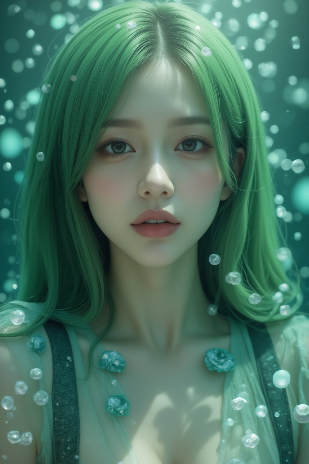 a woman with green hair is surrounded by bubbles, inspired by Yanjun Cheng, fantasy art, pop Japonisme 3d ultra-detailed, fantasy Victorian art, style hybrid mix of people, underwater face, ross-draws, stylized 3d, 