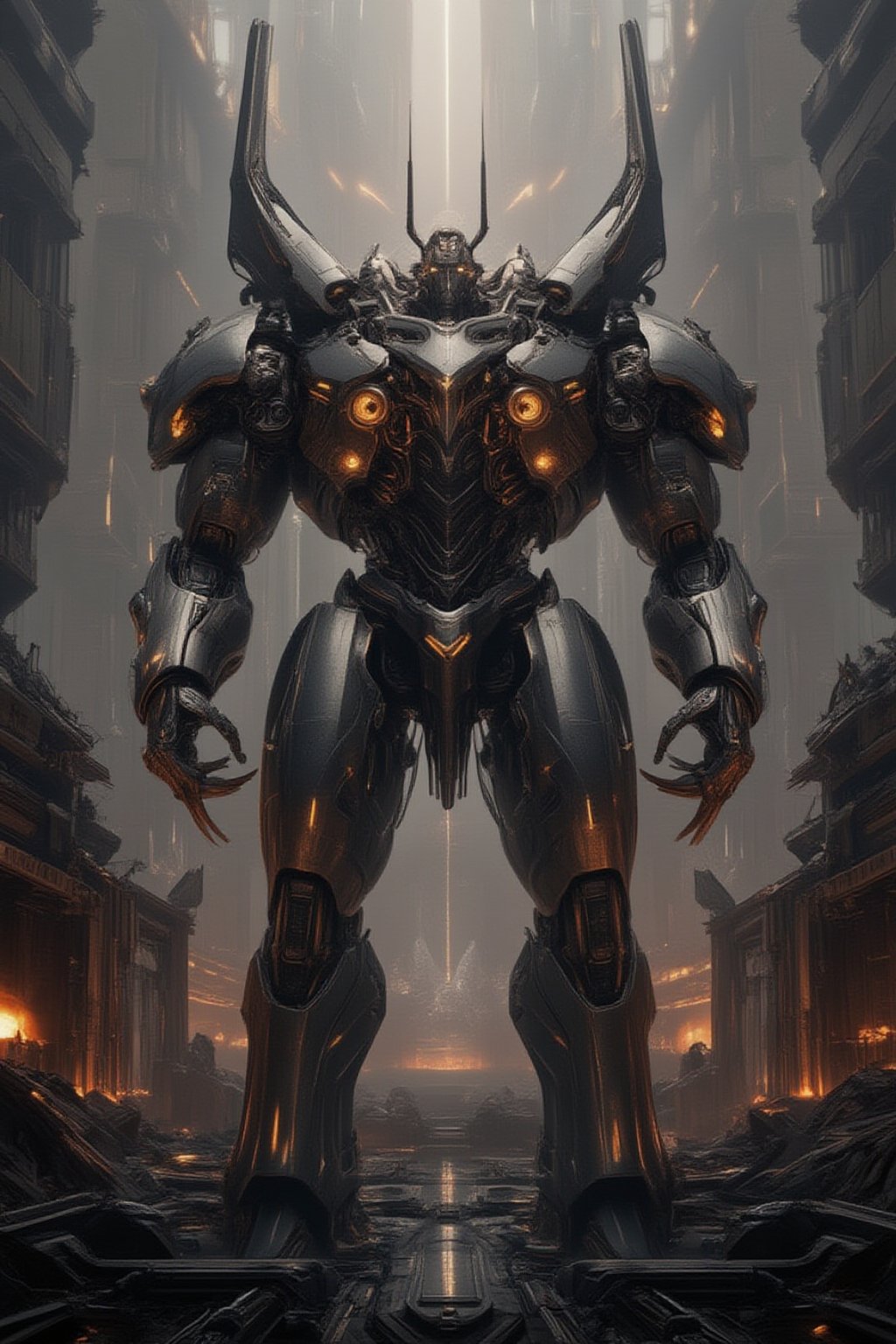 A futuristic mecha giant stands proudly in a desolate cityscape at sunset, its metallic body glowing with an otherworldly aura. The massive robot's arms stretch wide, holding aloft a gleaming sword, as it gazes out upon the ruins of civilization. Smoke and flames dance in the background, while neon lights flicker to life on the mecha's chest, casting an eerie glow over the devastation.,FuturEvoLabArmor,FuturEvoLabMecha,FuturEvoLabGiant