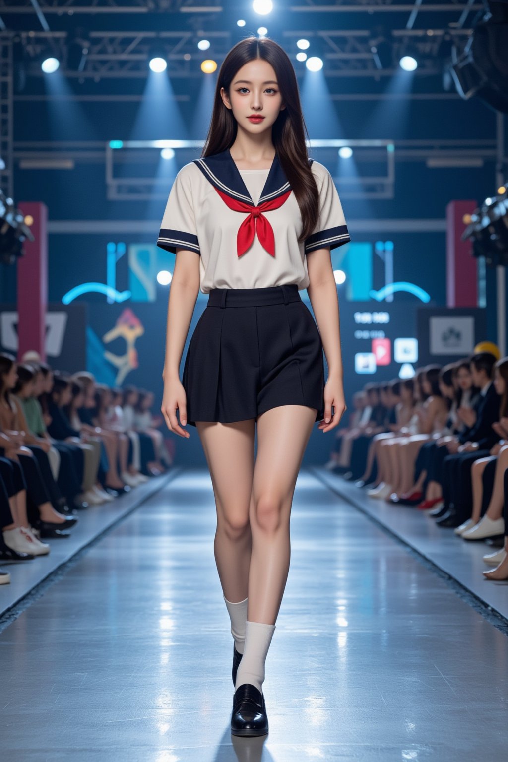 An 18-year-old girl, dressed in a traditional Japanese school sailor uniform with white socks and black schoolgirl loafers, walks confidently on a futuristic runway, lit by digital spotlights. Her eyes are focused straight ahead, filled with passion and drive to achieve stardom, and a soft smile graces her face, adding a touch of warmth and optimism. Around her, holographic visuals of AI technology shimmer, symbolizing the modern world where her talent will shine. Full-body, capturing her strong posture, the energy of her smile, the white socks, and black shoes, and the vibrant world of AI advancements.