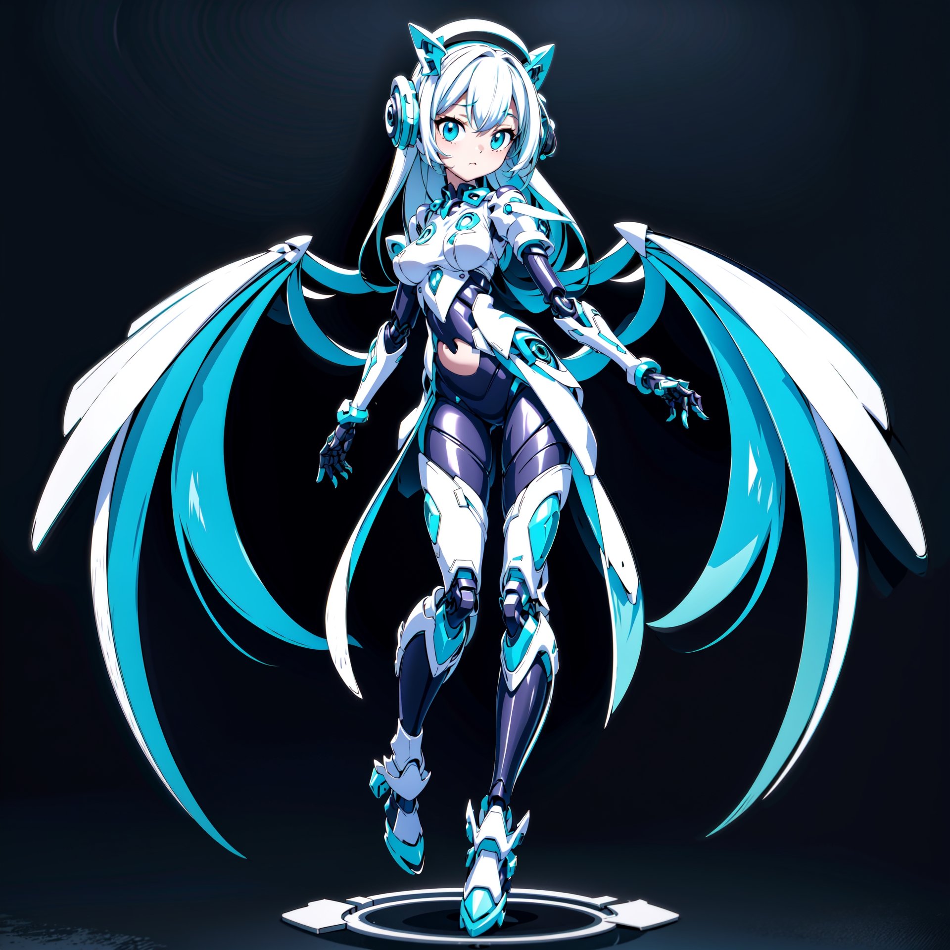 1girl, Q-version, 2-head-tall, full-body, standing front view, symmetrical, cute lolita style, cyberpunk robot, angel wings made of stylus pens from various drawing tablets, blue and white color scheme, tech accessories, vector art, Leonardo Style, center image, cute, chibi, pure black background, (4k, ultra high detail), clean image, clean vector, tshirt design, ornament,3DMM