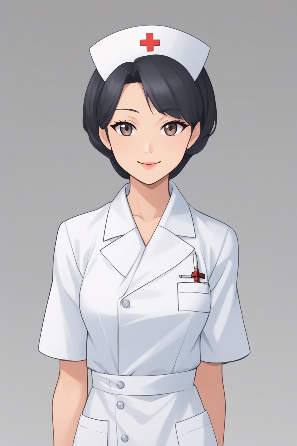 score_9, score_8_up, score_7_up, score_6_up, score_5_up, score_4_up, 
Source_Anime, 
1 girl, mature and beautiful girl, Japanese nurses, nurse suit, Slim figure, syringe, gray gradient background, no background,