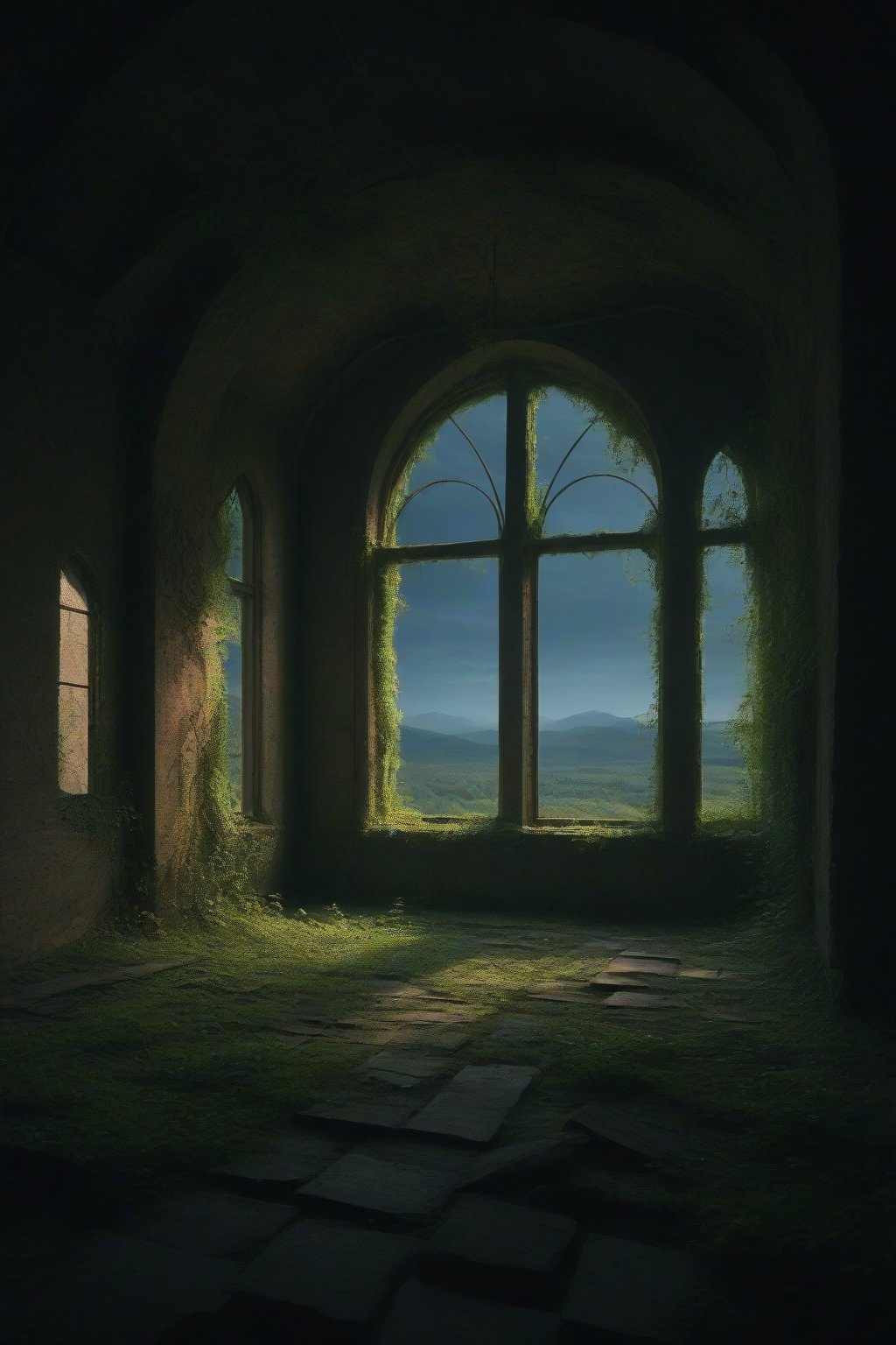 FuturEvoLabScene, ruins scene, ruins, Night, Moonlight, indoors, no humans, window, sunlight, scenery, overgrown