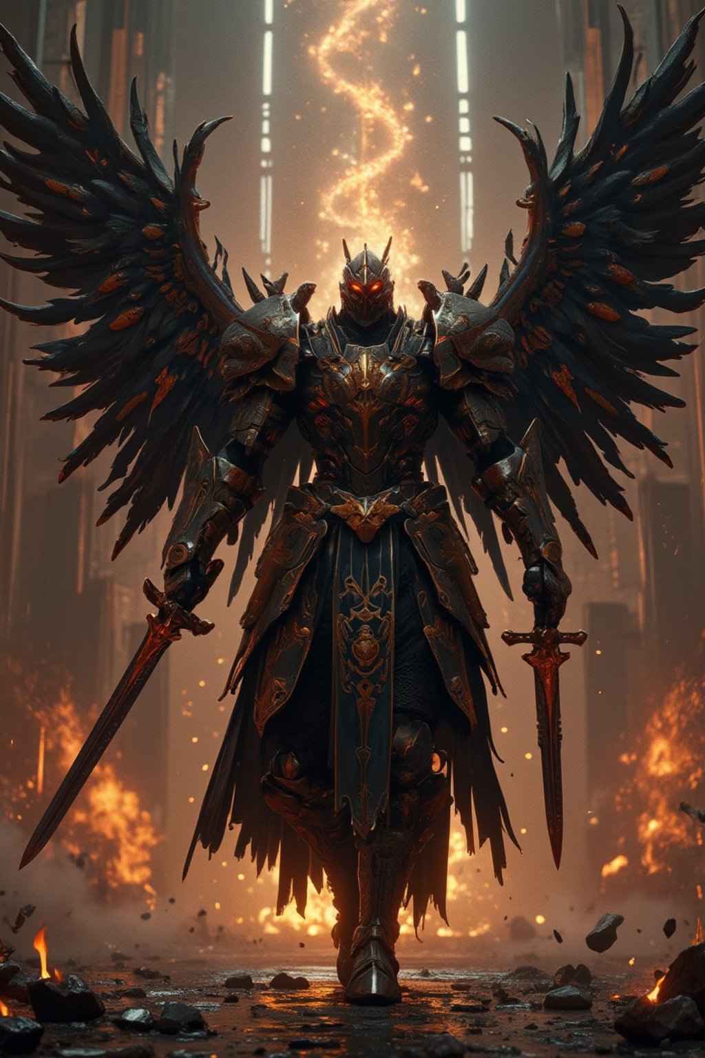 A hyper-realistic image of a tall, sturdy, bulky but sleek holy knight weilding a twohanded great sword raised up with both hands, glowing with royal aura, holy armor is intricately designed. intricately detailed holy wings folded in. running forward as vanguard in front of his royal warrior knights, the ground breaks and bursts at his every step forming an explosive debris of rocks and dirt.