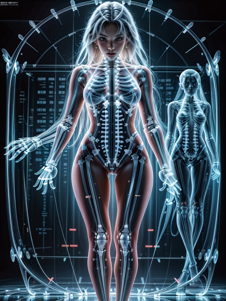 Masterpiece, High quality, 64K, Unity 64K Wallpaper, HDR, Best Quality, RAW, Super Fine Photography, Super High Resolution, Super Detailed, Beautiful and Aesthetic, Stunningly beautiful, Perfect proportions, by FuturEvoLab, 
(X-Ray Style:1.5), X-Ray, X-ray slides of female skeletons, 