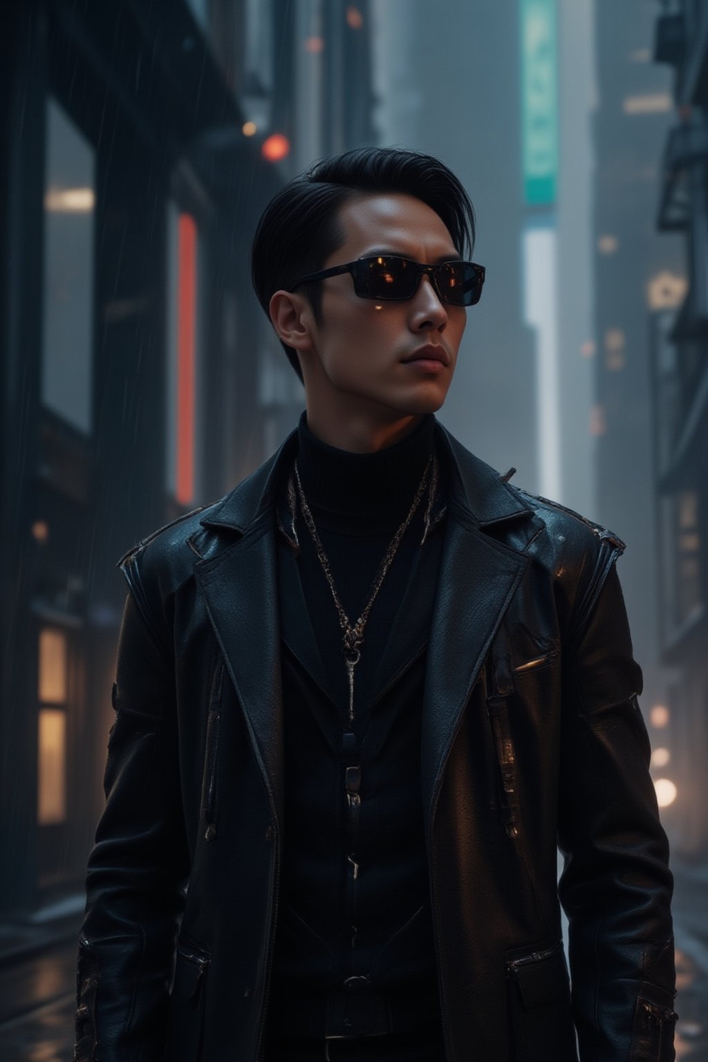 A close-up shot of a man wearing sleek black sunglasses and a long, flowing black leather trench coat, reminiscent of characters from *The Matrix*. His expression is stoic, exuding a sense of mystery and power. The futuristic coat is detailed with subtle metallic accents and cybernetic enhancements visible on his neck and collar. The background features a dark, dystopian city with neon lights reflecting off his sunglasses, digital rain falling, and towering skyscrapers in the distance, evoking a cyberpunk atmosphere. The scene is intense and filled with a futuristic, high-tech vibe, focusing on the man's upper body and head, capturing his presence and confidence.,FuturEvoLabScene,FuturEvoLabNinja