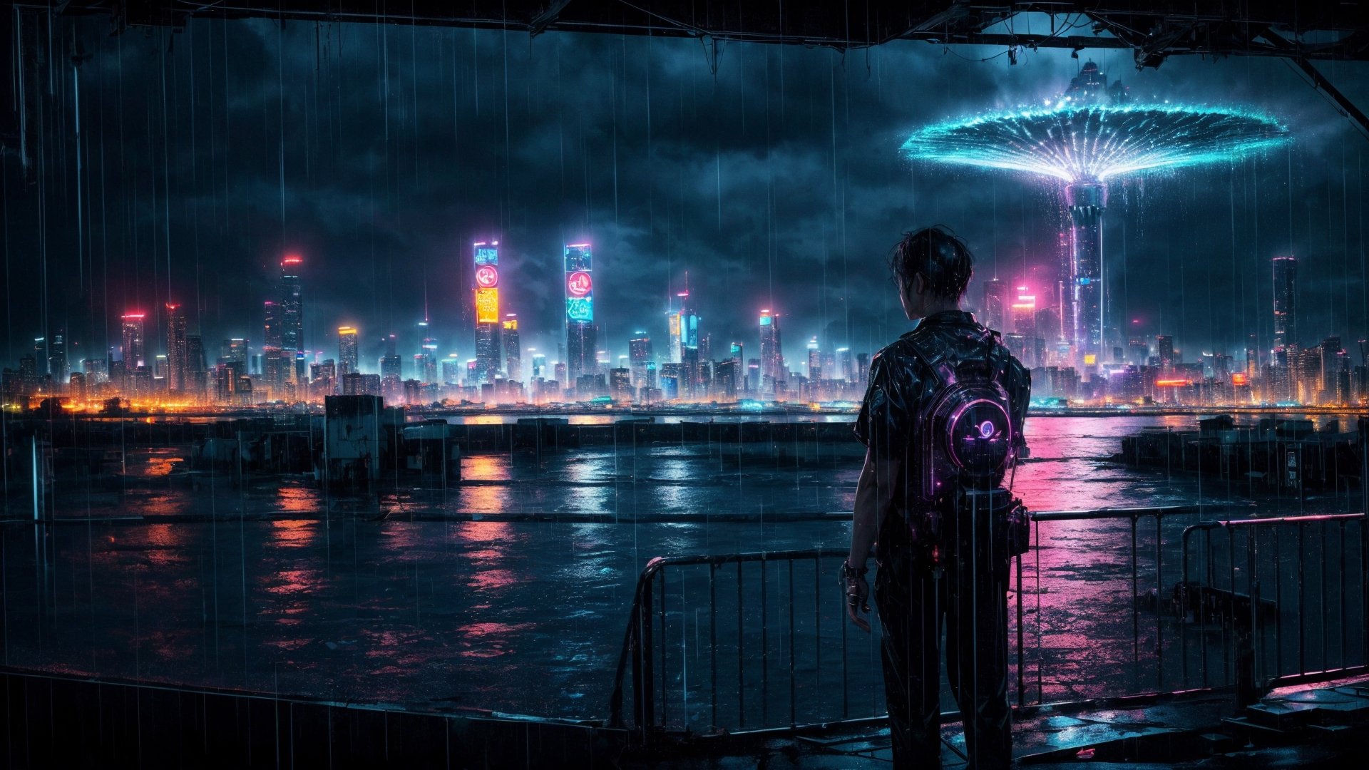 (masterpiece), (ultra detailed), (realistic), (50mm), (prime lens), 1boy, standing top of building, night city, neon light, buildings, beautiful view, raining, water drops, dynamic angle, lofi,EpicSky,ink scenery,6000,cyberpunk style, The sea exposed to nuclear radiation,