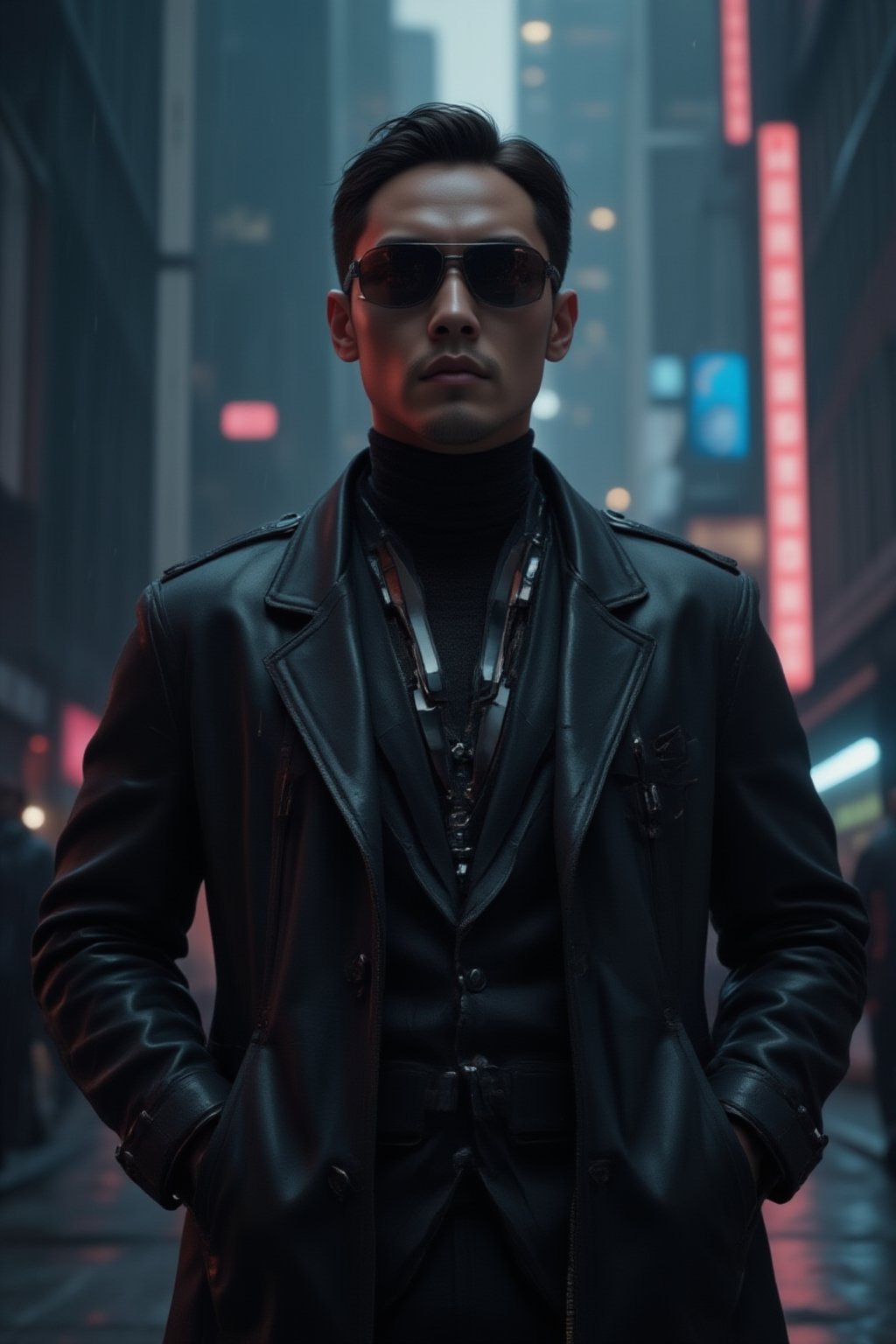 A close-up shot of a man wearing sleek black sunglasses and a long, flowing black leather trench coat, reminiscent of characters from *The Matrix*. His expression is stoic, exuding a sense of mystery and power. The futuristic coat is detailed with subtle metallic accents and cybernetic enhancements visible on his neck and collar. The background features a dark, dystopian city with neon lights reflecting off his sunglasses, digital rain falling, and towering skyscrapers in the distance, evoking a cyberpunk atmosphere. The scene is intense and filled with a futuristic, high-tech vibe, focusing on the man's upper body and head, capturing his presence and confidence.,FuturEvoLabScene