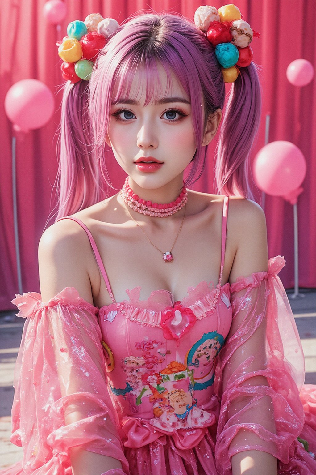 japanese cool anime,1girl,
Colorful pop art, candy pop, lollipop punk, brightly colored berry beans, emo pink lolita girl,Beautiful Eyes,A dress made of jelly and ice cream,
 maximalism designemo,dal-6 style,Color Splash