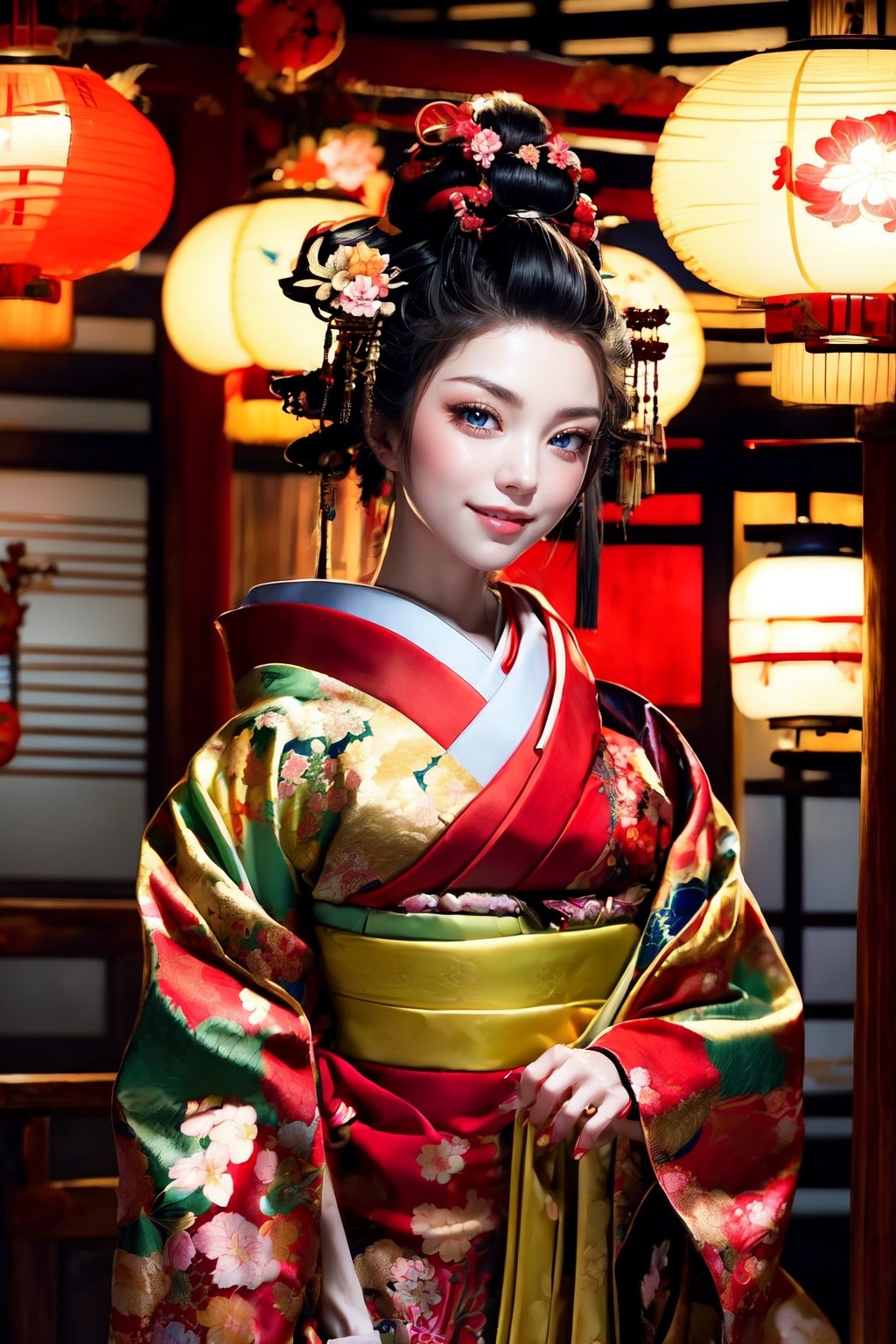 vibrant, detailed, high-resolution, artistic, 
Oiran, Japanese courtesan, Gorgeous kimono,
Red and yellow kimonos, elaborate hairstyle, elegant posture, subtle makeup, refined gestures, 
historical Japanese setting, Edo period, teahouse interior, traditional Japanese garden, cherry blossoms, lanterns, wooden architecture, by FuturEvoLab, 
cultural, historical, serene, colorful, ornate accessories, Phoenix pattern, floral patterns, silk fabrics, cultural heritage, 