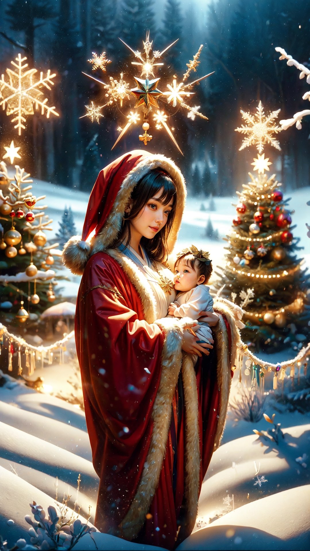 Highly detailed, High resolution scan, Unreal engine, Professional, 64K, UHD, HDR, Movie Poster, Ansel Adams
snowflake, Virgin Mary, Hold a baby in one's hand, archangel, Christmas tree, holy light, ,1girl, Japanese girl, BFMother,Santa Claus