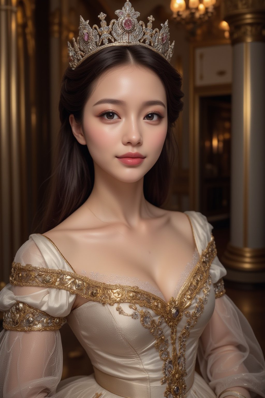 Close-up, a young girl with very beautiful big eyes and long thick eyelashes, 20 years old, resembling Queen Elizabeth I of England. Wearing a crown, full body shot, in a gorgeous queen's dress, standing and dancing gracefully to music, smiling happily in a lavish palace. High quality, 