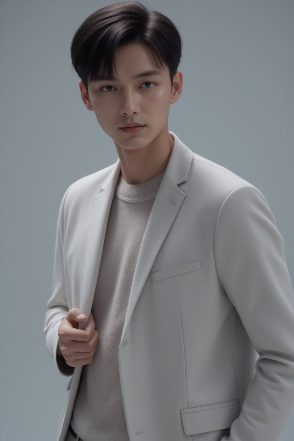 Half-body shot of a handsome Japanese male model, posing with confidence, sharp facial features, stylish outfit, focused on upper body and arms, neutral gray background, professional lighting, photorealistic, detailed skin texture, well-groomed appearance,FuturEvoLabBeautify