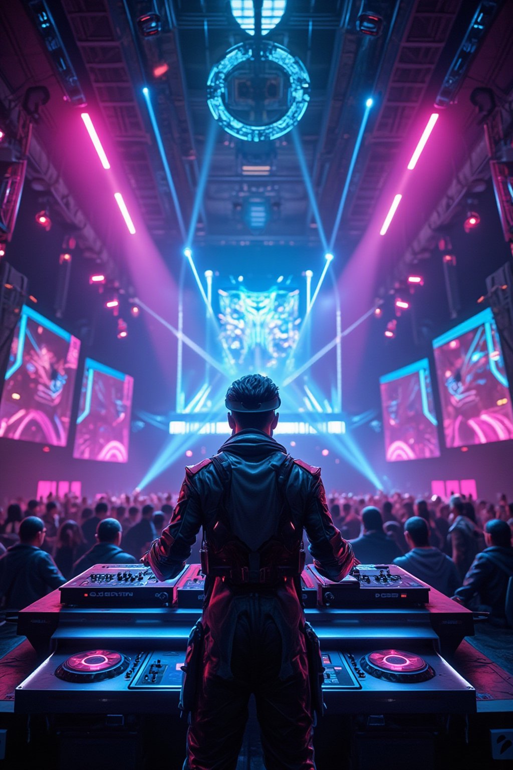 A massive, futuristic DJ music concert unfolds in a high-tech, neon-lit arena. In the center of the stage stands a super cool, futuristic DJ in sleek, cyberpunk-inspired attire. His outfit glows with neon accents, and he wears advanced augmented reality glasses that pulse with the rhythm of the music. The DJ's booth is an impressive fusion of holographic displays and floating control panels, giving him the power to manipulate the soundwaves with gestures and touch. His deck is surrounded by spinning, glowing discs that float and pulse with each beat, creating a visual symphony in sync with the music.

Surrounding the DJ, massive screens display vibrant, ever-changing digital visuals that shift with the tempo—neon colors, fractals, and futuristic cityscapes. The crowd is bathed in light, dancing under beams of holographic lasers that sweep across the sky in perfect synchronization with the beats. Above the stage, drones fly in formation, projecting 3D holograms of abstract shapes and patterns into the air, adding another layer of immersion to the experience. The energy is electric, as the bass shakes the ground and the vibrant lights create a kaleidoscopic atmosphere. 

The DJ stands at the heart of it all, effortlessly commanding the music and visuals, creating a multisensory experience that feels like stepping into the future.,FuturEvoLabNinja