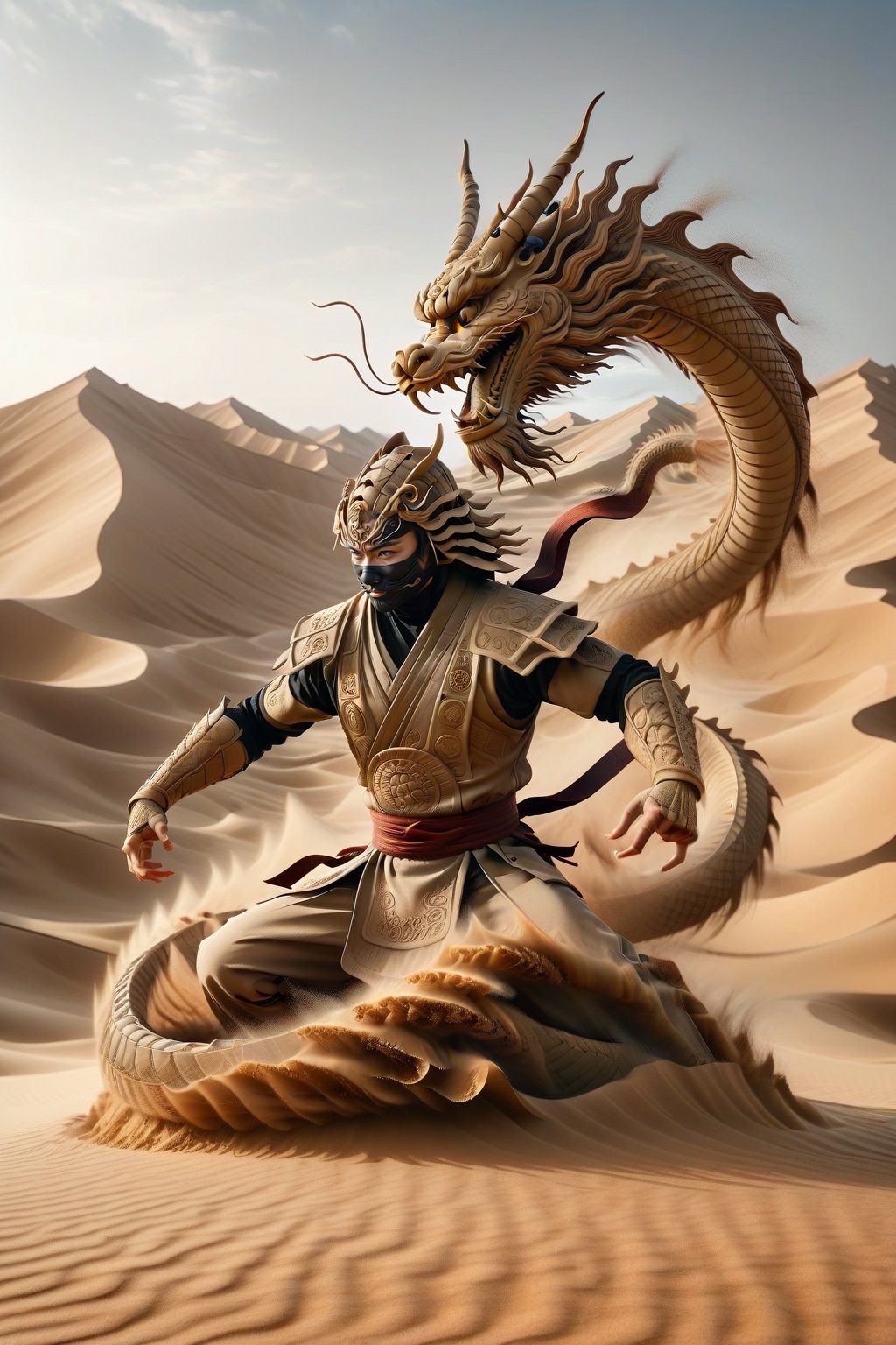 A ninja in realistic style performing Earth-style ninjutsu in the desert, summoning a grand and massive Chinese dragon made of sand and earth. The dragon twists and curls majestically through the air, its form detailed and intricate, reflecting the power and precision of the ninja's control. The desert landscape stretches far into the background, with dunes and the clear sky enhancing the scene's epic nature. This moment captures the essence of ancient mysticism blended with martial prowess.