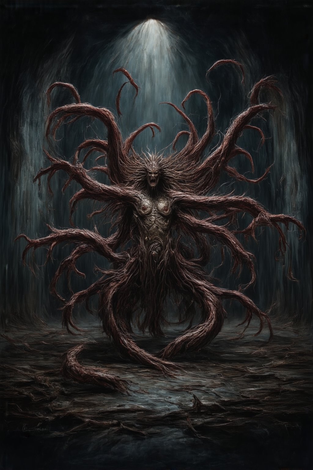 In the dimly lit chamber, a menacing Long COVID virus monster weaves through the body of a super god, its tendrils snaking around its body. The god's once powerful form now shrunken and feeble. This unsettling image is depicted in a highly detailed painting, showcasing the intricate intertwining of the virus with the god's deteriorating physique. The virus is depicted as an ominous and relentless force, symbolizing the struggles and devastation of Long COVID.,FuturEvoLabStyle