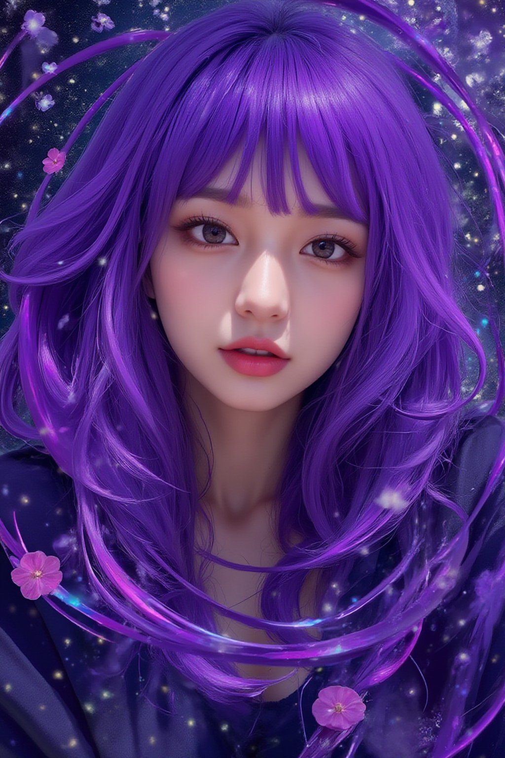 A mesmerizing portrait of a stunning girl with vibrant purple hair and piercing ruby eyes, her full figure radiating confidence as she gazes directly at the viewer from amidst a swirling vortex of inky stars. The air is filled with dynamic movement, as if passion itself has taken physical form, pouring forth like ink rain. In the background, very many beautiful orchids, delicate bubbles of ink suspend, adding an air of whimsy to this masterfully crafted digital artwork, showcasing the artist's exceptional skill and attention to detail.