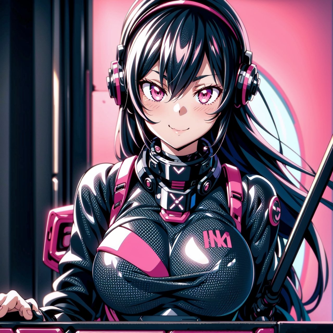 Female Ninja,Black mask,Close-up, Pink horsetail, sweet smile, lovely,working on laptop,cyberpunk style,headphones,listening to music,lofi background,keyboard,mouse,LED lights,(best quality,4k,8k,highres,masterpiece:1.2),ultra-detailed,(realistic,photorealistic:1.37),mecha,urban techwear,outfit,3DMM