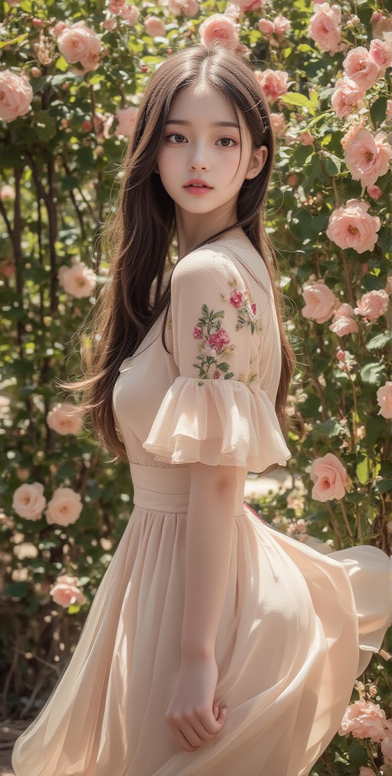 a photo shows: in a dreamlike classical garden, a beautiful eyes so charming and adorable girl strolls gracefully. Her flowing dress, adorned with exquisite floral embroidery, seems to carry the essence of spring. Her hair, soft and shimmering in the sunlight, falls gently over her shoulders. The girl's eyes are deep and dreamy, and her face is soft with a hint of melancholy. Around her bloom roses and wisterias, infusing the air with a subtle fragrance. The scene is bathed in soft pink and elegant green tones, creating a romantic and tranquil atmosphere, reminiscent of a vivid oil painting, rich in poetic and delicate emotions.