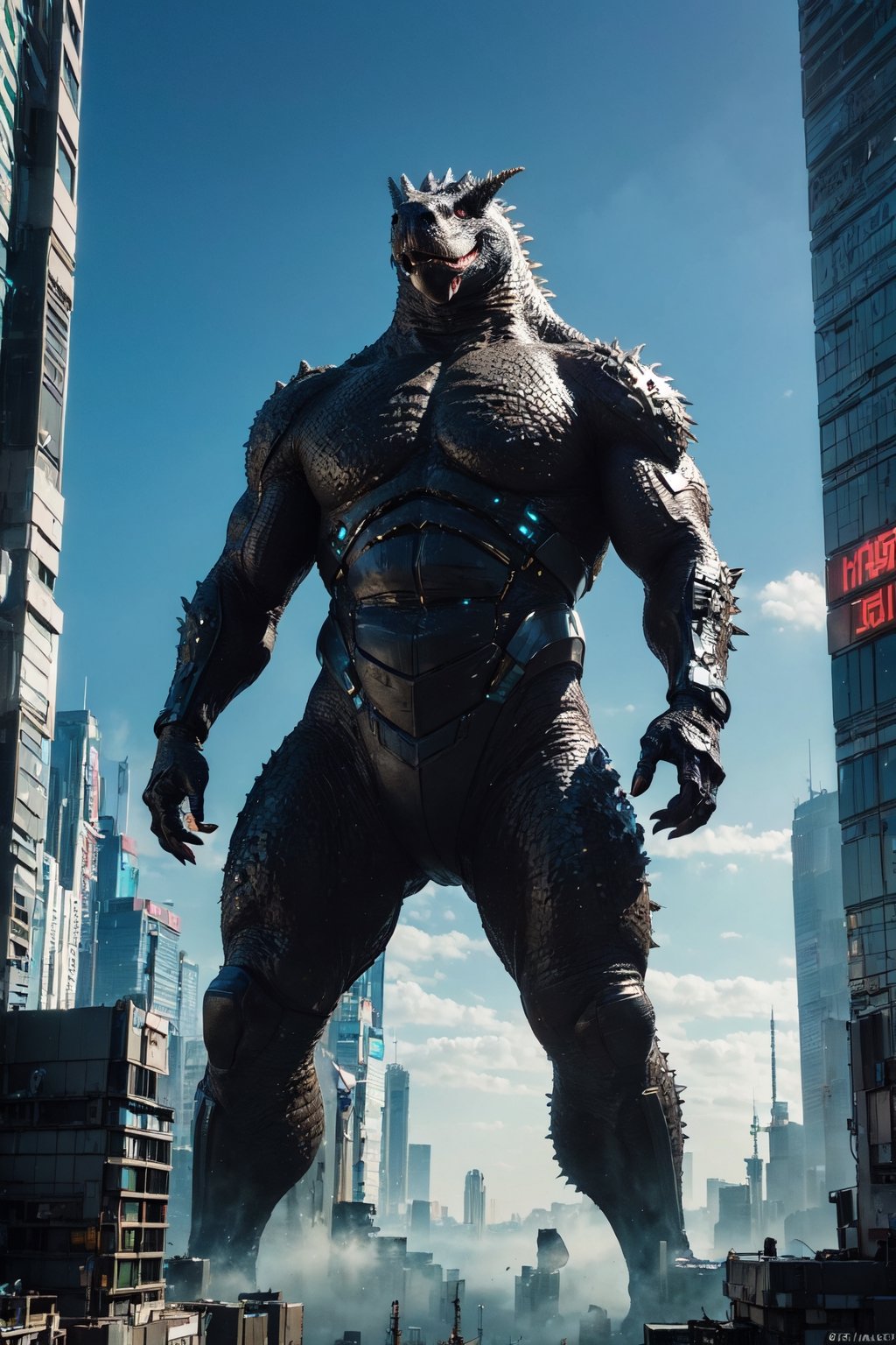 (Masterpiece:1.5), (Best quality:1.5), Cyberpunk style, full body, A towering, majestic Godzilla, towering above the city with scales shimmering in the sunlight. This larger-than-life reptilian creature is depicted in a realistic painting, showcasing its iconic features in intricate detail. The artist expertly captures the creature's immense power and strength, with every scale, claw, and fang meticulously rendered. The image exudes a sense of awe and wonder, drawing viewers into the fantastical world of this legendary monster.