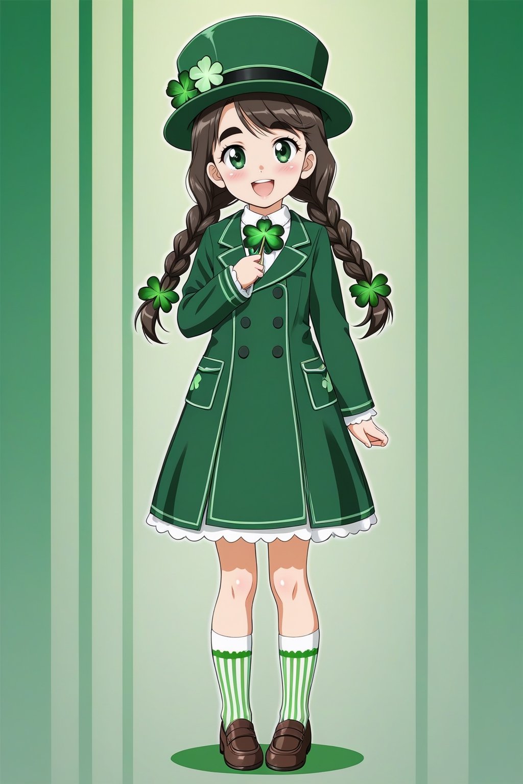 St. Patrick's Day, celts, Clover, formal hat, 1girl, green_eyes, hat, open_mouth, smile, long_hair, flower, standing, :d, holding, striped, long_sleeves, black_hair, full_body, solo, white_legwear, socks, leaf, striped_background, shoes, brown_footwear, blush, white_flower, twin_braids, vertical_stripes, looking_at_viewer, green_headwear, thick_eyebrows, dress, coat, braid, green_footwear, shirt, very_long_hair,Butterfly Style,Lucky Clover