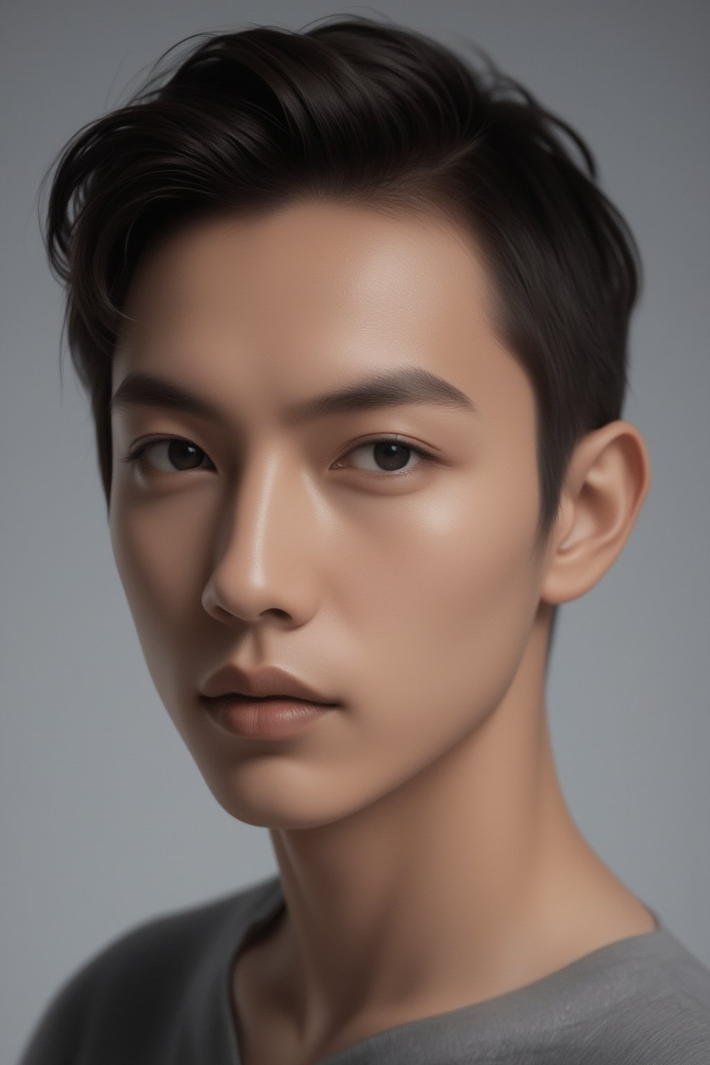 Close-up shot of a handsome Japanese male model, sharp jawline, expressive eyes, perfect skin texture, well-groomed hair, soft lighting to emphasize facial features, neutral gray background, highly detailed, photorealistic portrait, intense focus on facial structure,FuturEvoLabBeautify