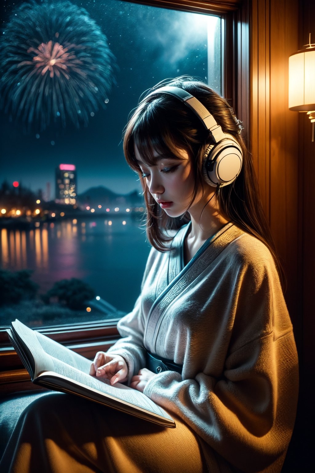 A cute LOFI music themed anime-style girl wearing a winter kimono, leisurely reading a book by a window. She is wearing headphones and listening to music. The window offers a view of a vast night sky filled with stars and fireworks, set in a cyberpunk world. The image features a warm color palette, creating a cozy and inviting atmosphere. This scene combines traditional Japanese elements with a futuristic cyberpunk setting, capturing the essence of a serene winter night. perfectly suited for a LOFI music background.