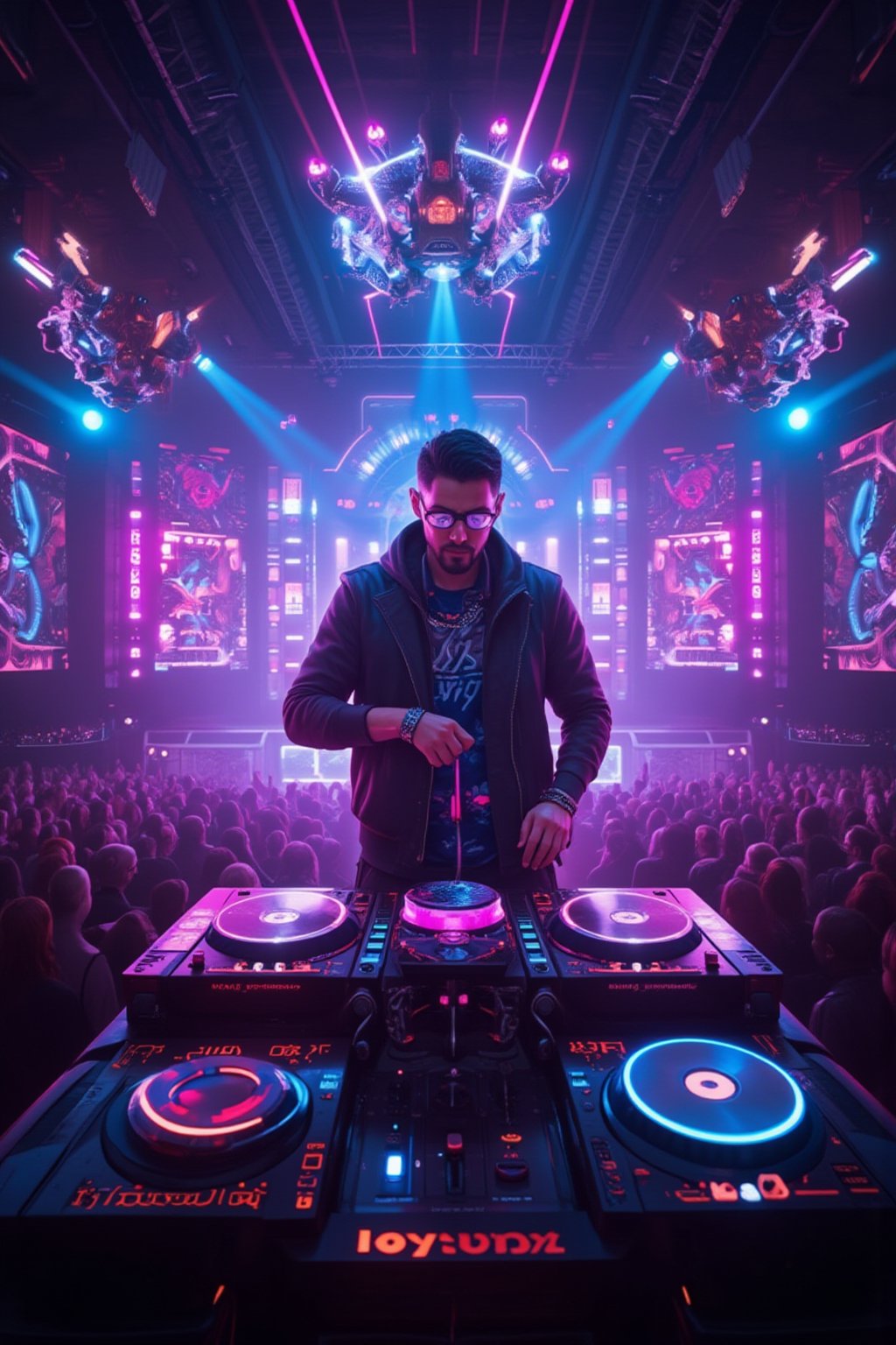 A massive, futuristic DJ music concert unfolds in a high-tech, neon-lit arena. In the center of the stage stands a super cool, futuristic DJ in sleek, cyberpunk-inspired attire. His outfit glows with neon accents, and he wears advanced augmented reality glasses that pulse with the rhythm of the music. The DJ's booth is an impressive fusion of holographic displays and floating control panels, giving him the power to manipulate the soundwaves with gestures and touch. His deck is surrounded by spinning, glowing discs that float and pulse with each beat, creating a visual symphony in sync with the music.

Surrounding the DJ, massive screens display vibrant, ever-changing digital visuals that shift with the tempo—neon colors, fractals, and futuristic cityscapes. The crowd is bathed in light, dancing under beams of holographic lasers that sweep across the sky in perfect synchronization with the beats. Above the stage, drones fly in formation, projecting 3D holograms of abstract shapes and patterns into the air, adding another layer of immersion to the experience. The energy is electric, as the bass shakes the ground and the vibrant lights create a kaleidoscopic atmosphere. 

The DJ stands at the heart of it all, effortlessly commanding the music and visuals, creating a multisensory experience that feels like stepping into the future.,FuturEvoLabNinja