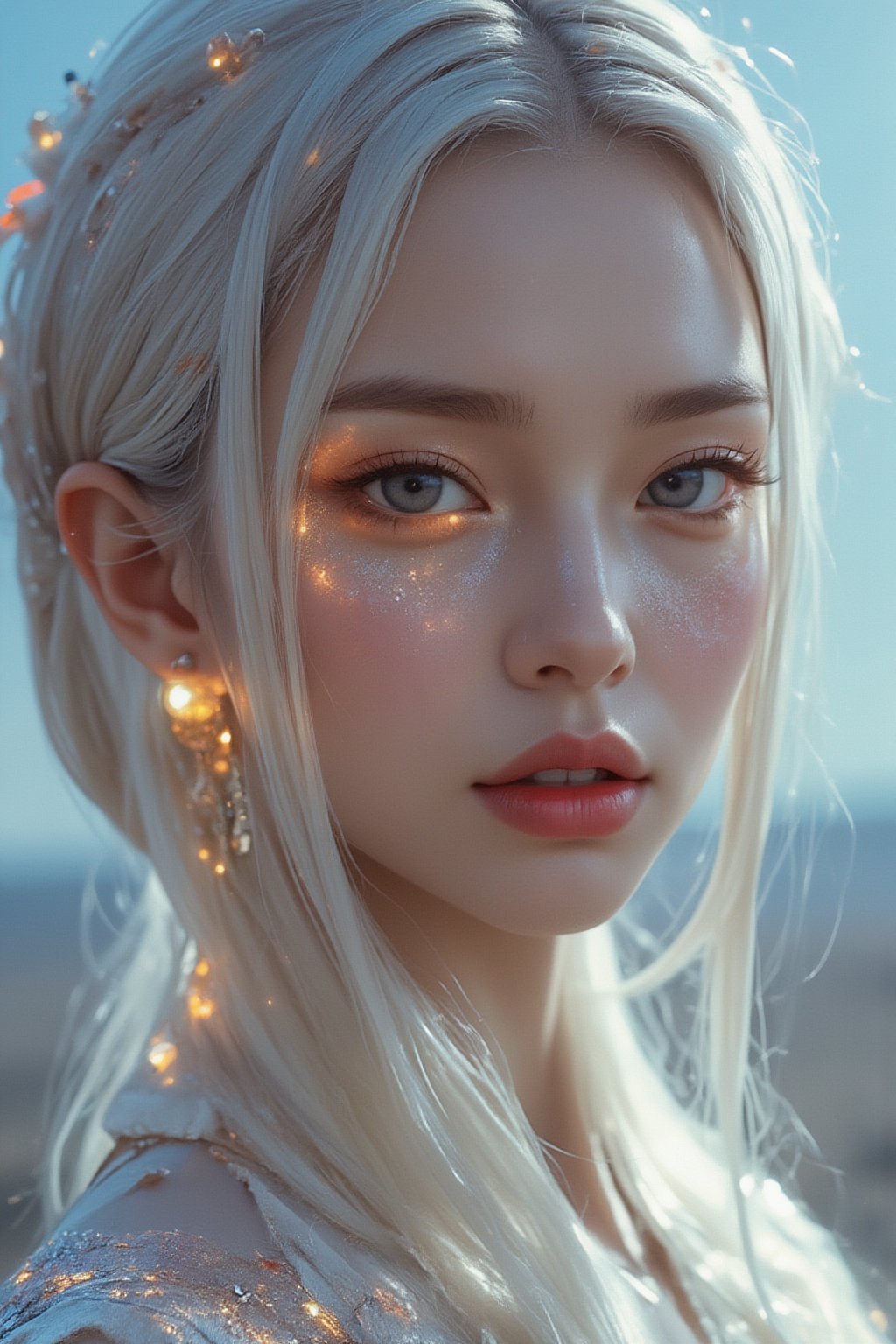 close, albino woman with glowing eyes and hair in white gold jewelry, light painting, futuristic digital, realistic sci-fi, lights, gold filigree, silver lashes, diamond, ethereal, misty, holographic, white sky on background,glitter