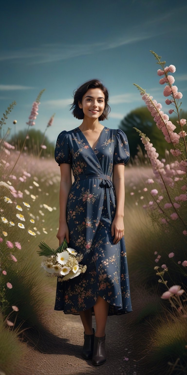 a beautiful award winning full length portrait of a dusky maiden wearing a chic floral dress, she is outdoors, holding a dainty bouquet of precisely arranged wild flowers, minimalistic composition, very dramatic lighting, in the style of Wes Anderson, hints of David Lynch, rule of thirds, Hasselblad X2D, portrait lens, magical mood,Sakura