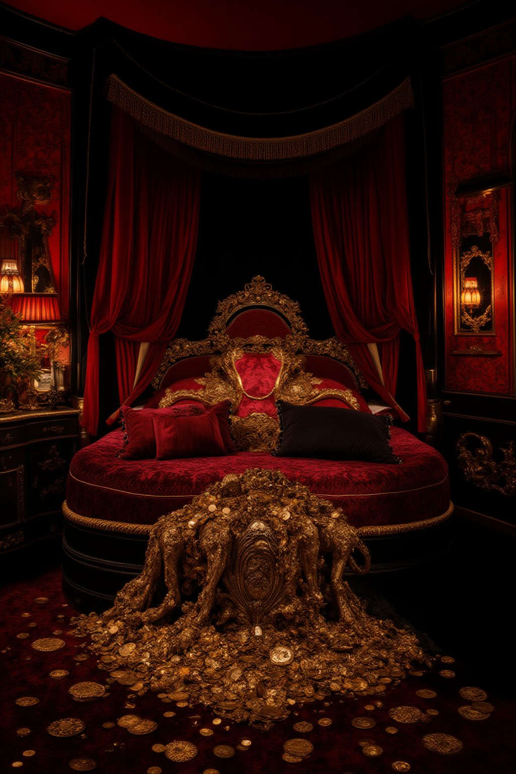 A luxurious bedchamber overflowing with gold and silver treasures. The room is dimly lit by a single candelabra on the bedside table, casting a warm glow on the opulent fabrics and ornate furnishings. A velvet canopy above the four-poster bed is embroidered with glittering thread, reflecting the treasure trove of coins, jewels, and precious artifacts scattered across the plush carpet.,FuturEvoLabRoom