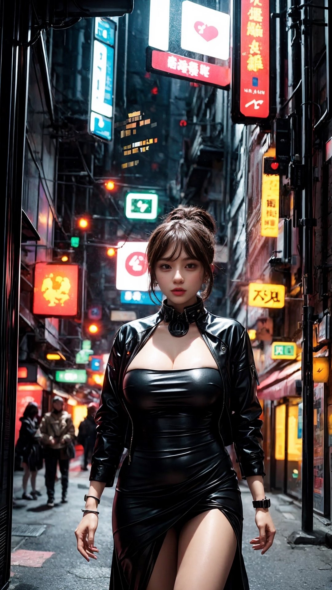 (Glitching:1.5), (glitch:1.5), 1girl, (huge breasts:1.3), black dress, jacket, (wavy white ponytail hair:1.2), BREAK outdoors, incyberpunk city, glowing neon,Cyberpunk,Cyberpunk, neon lights, science fiction,Mecha,Japanese girl