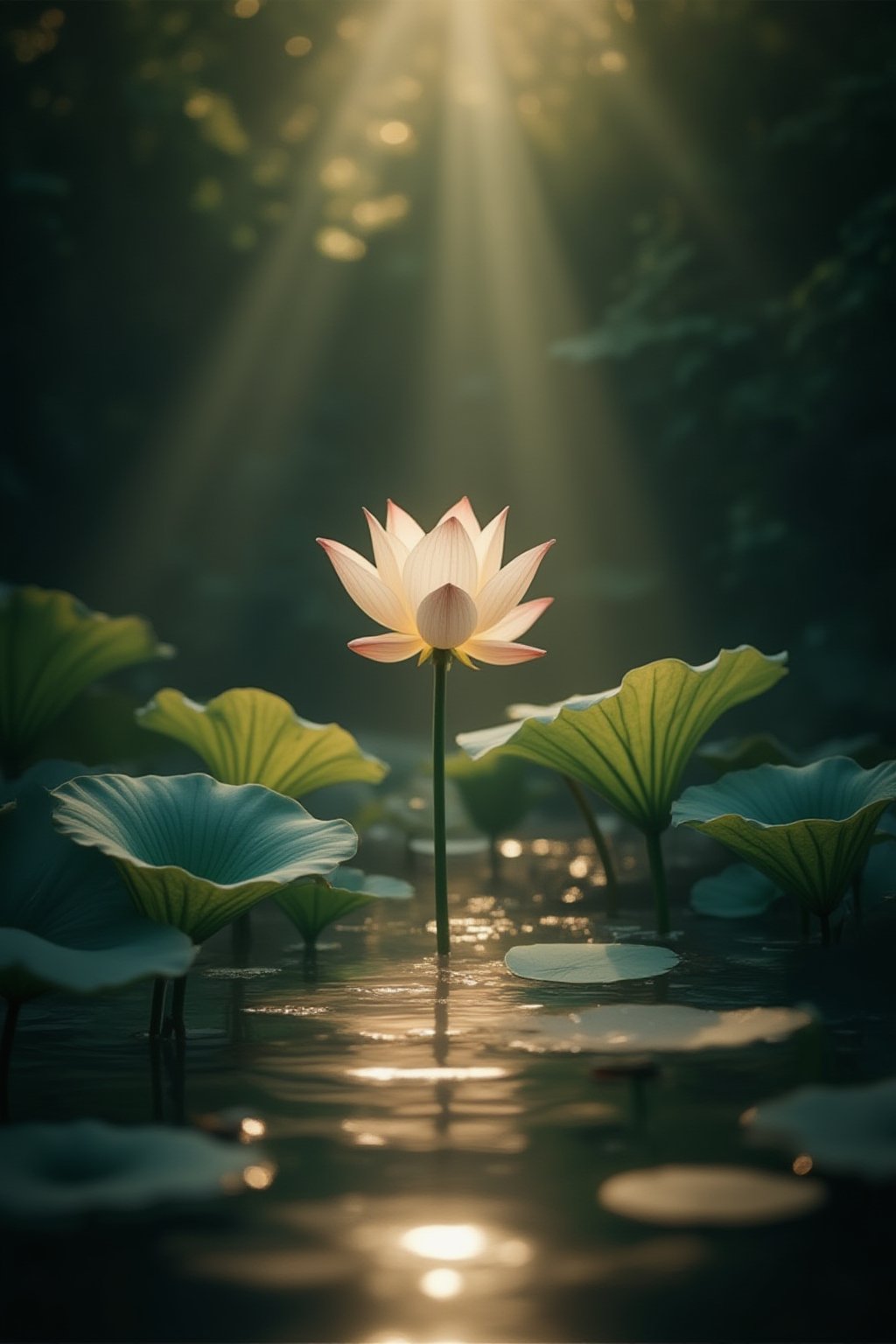 Capture the serene atmosphere of a tranquil pond, where a stunning lotus flower blooms amidst a tapestry of delicate green leaves. Softly glowing, the lotus's petals refract divine light, casting an ethereal aura across the surrounding water. The sun's gentle warmth illuminates the scene, with subtle ripples on the surface of the pond, as if the heavens themselves are reflected in its serene beauty.,FuturEvoLabElegant,FuturEvoLabScene