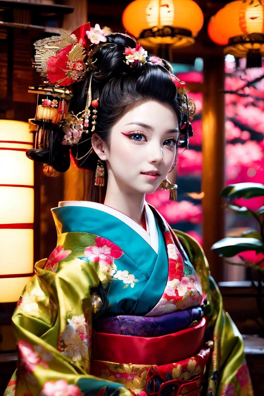 vibrant, detailed, high-resolution, artistic, 
Oiran, Japanese courtesan, Gorgeous kimono,
Red and yellow kimonos, elaborate hairstyle, elegant posture, subtle makeup, refined gestures, 
historical Japanese setting, Edo period, teahouse interior, traditional Japanese garden, cherry blossoms, Japanese lanterns, wooden architecture, by FuturEvoLab, 
cultural, historical, serene, colorful, ornate accessories, Phoenix pattern, floral patterns, silk fabrics, cultural heritage, 