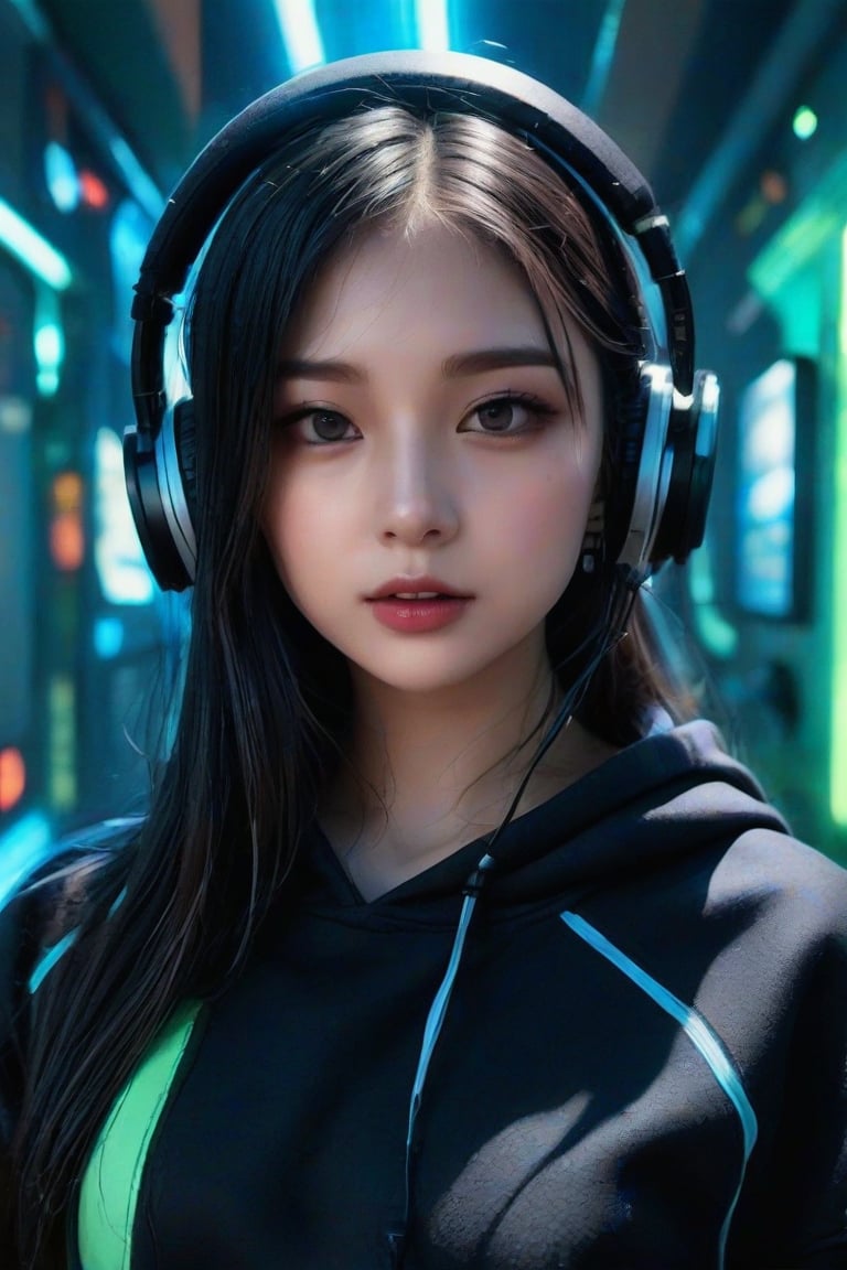 masterpiece, best quality, photorealistic, 1girl, solo, long straight hair, jet-black hair with neon highlights, looking at viewer, upper body, Cybernetic Lab Background, minimal background, neon blue and green lighting, soft shadows, focused expression, detailed skin, smooth features, cyber setup, classic portrait style, high clarity, simple background, cinematic lighting, wearing a sleek black hoodie with holographic elements and high-tech headphones, futuristic and edgy, FuturEvoLabMecha, FuturEvoLabAnime