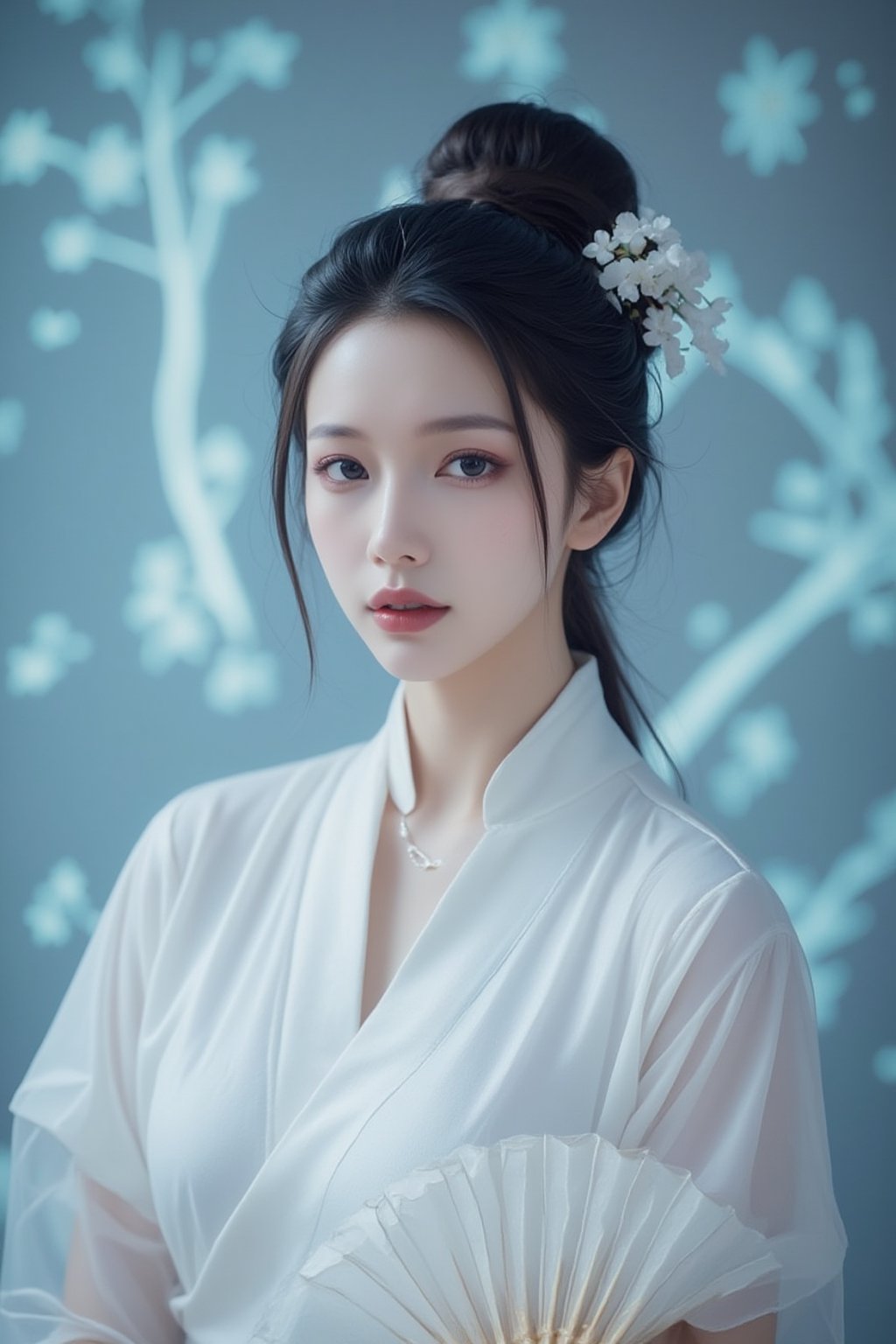 A close-up shot of a Asian woman in a white chinese clothes with a silver necklace and earrings. She is holding a white fan. The woman's hair is adorned with white flowers adding a touch of beauty to the scene. creating a soft focus on the woman's face. neon lighting. (cover the background wall with light blue flowers:1.3), (looking at viewer, upper body),Spider spirit Fourth sister