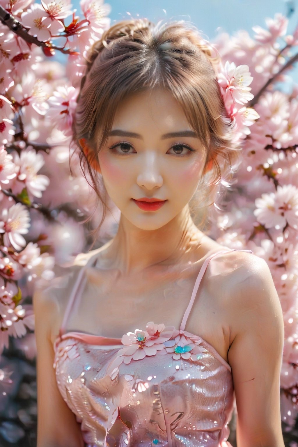 Masterpiece, beautiful details, perfect focus, uniform 8K wallpaper, high resolution, exquisite texture in every detail,((from below:1.5)),
1 girl, brown hair, half-up pony hairstyle, brown eyes, clear shining deep eyes, smile, happy, open mouth, medium chest, cleavage, panties,
break
Transform yourself into a whimsical cherry blossom fairy with this enchanting costume. Start with a flowing pastel dress in shades of pink or white, reminiscent of the delicate petals of a cherry blossom. Look for dresses with floral lace details or sheer overlays for a touch of grace. , ((plus sheer)),
break
Create a fairy aesthetic with rainbow colored feathers and decorate them with fake cherry blossoms for a magical effect.
Accessorize with a flower crown made of cherry blossoms or a delicate floral hair clip, complete the look with ballet flats or sandals decorated with floral decorations, and a fairy-like look with rosy cheeks and pink lips. Choose soft, natural makeup that enhances your look.
break,Sakura