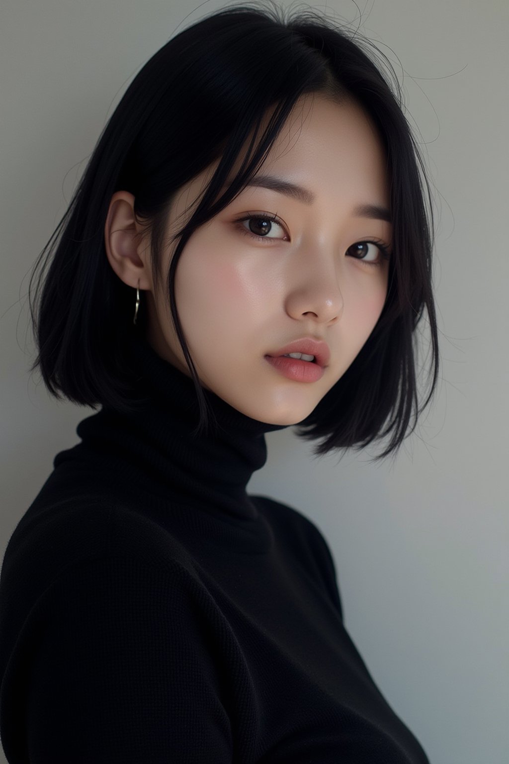 Raw photo. Sacred. Beloved. Pure, innocent, pure, 32 years old. Tattoo. Photorealistic portrait of a cute and pure Japanese girl with black bob hair. Kind. Emphasizing her innocence. She is wearing a black turtleneck sweater, which brings her features and facial expression into focus. The lighting is soft and natural, perfectly capturing her cuteness and purity without the distraction of the background. High resolution photo, soft focus lens, natural light, close-up composition, minimalist approach, attention to the texture and details of the sweater, highlighting her purity and innocence.