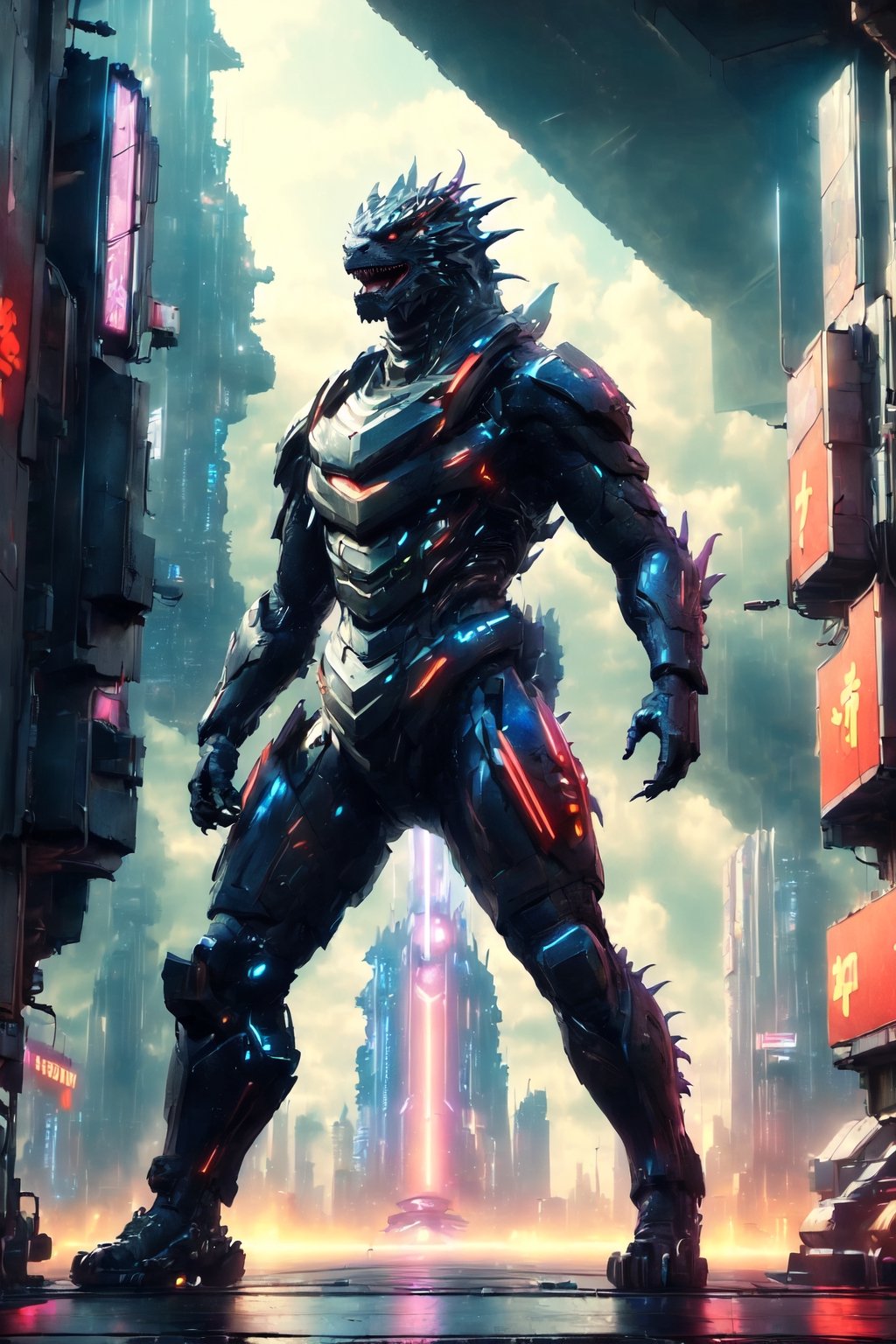(Masterpiece:1.5), (Best quality:1.5), Cyberpunk style, full body, Godzilla, huge tail, facing the viewer, Godzilla tail, roar, laser, daytime, Doton, Cyberpunk,Chinese dragon